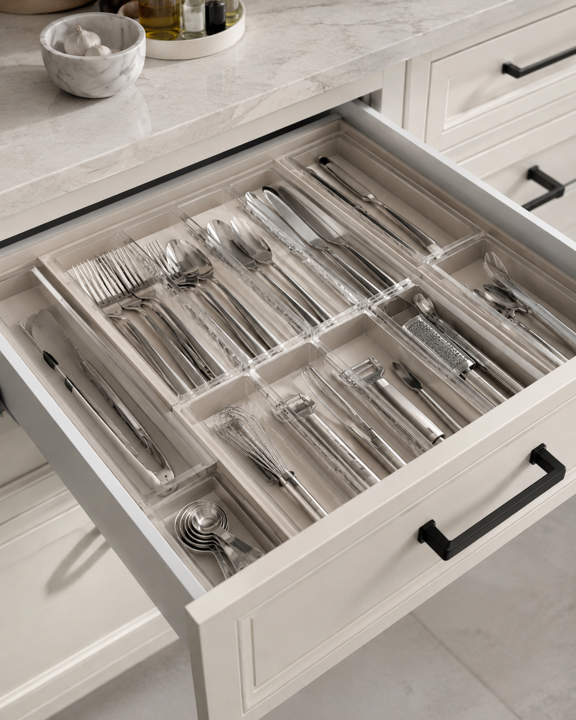 Everyday kitchen utensil drawer organization with expandable cutlery tray, measuring spoons, and drawer dividers