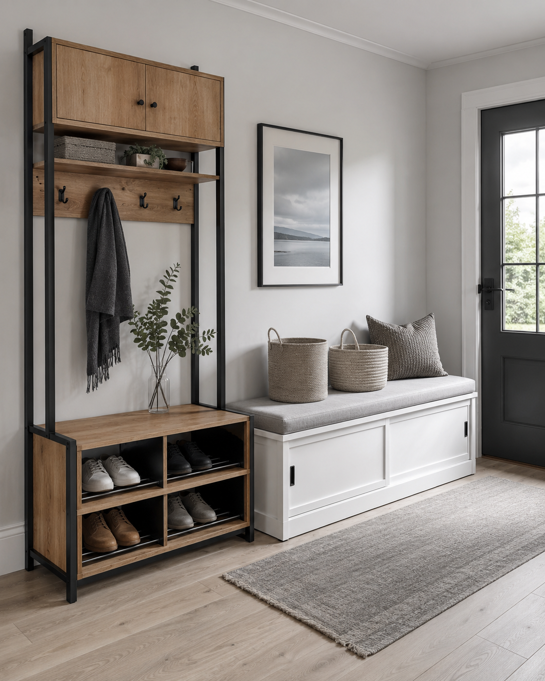 Family entryway with an oak hall tree, shoe compartments and white cushioned storage bench
