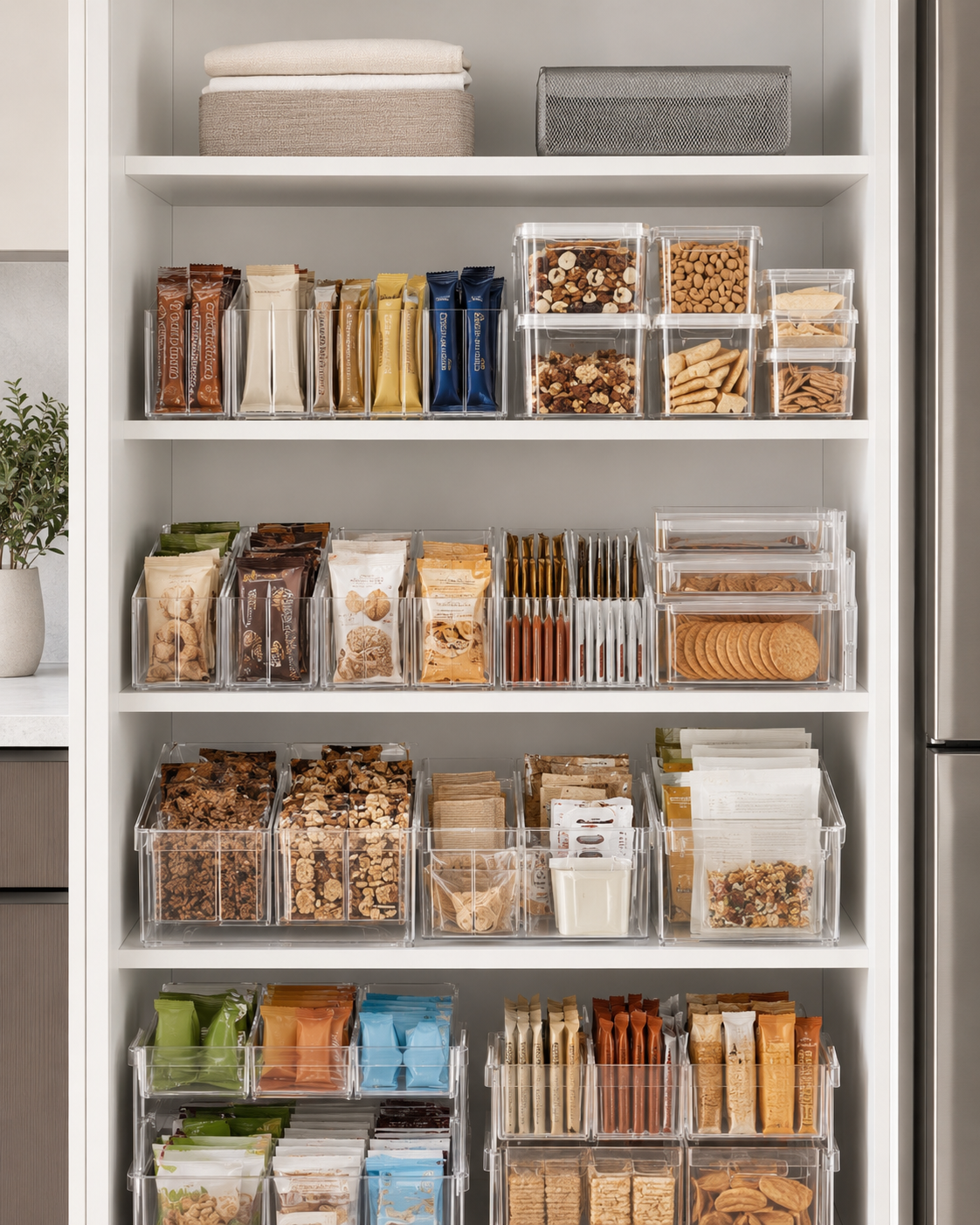 Family snack shelf organized with clear pantry bins, divided bins, packets, snack bars, and grab-and-go items