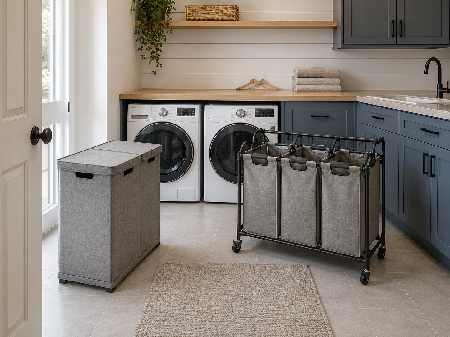 Family laundry room with a large divided hamper near the entrance and a three-bag rolling sorter beside the machines.