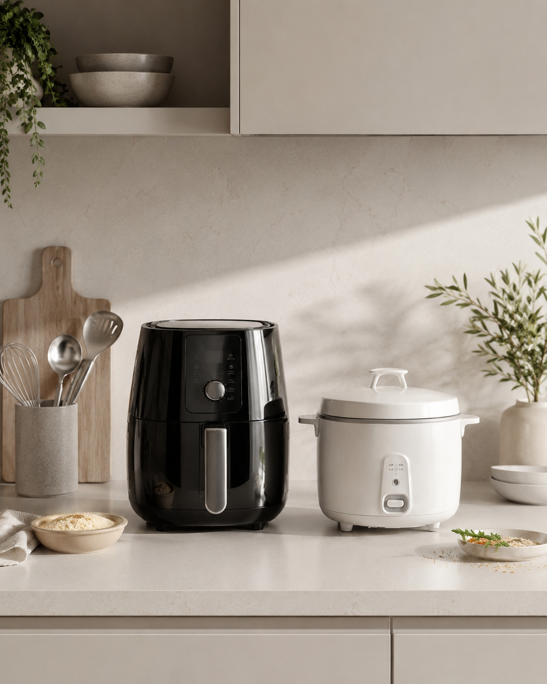Compact air fryer and small rice cooker styled for a fast dinner setup in a neutral modern kitchen