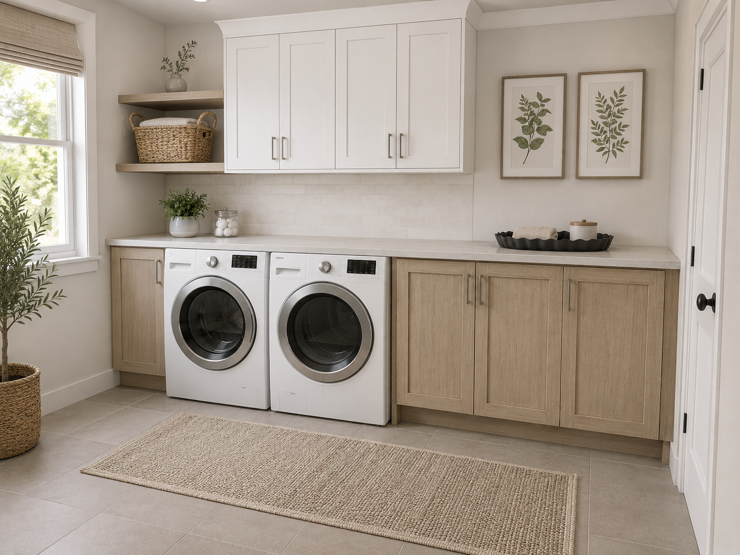 Laundry decor accessories arranged around a clear counter, open walkway and accessible front-loading appliances