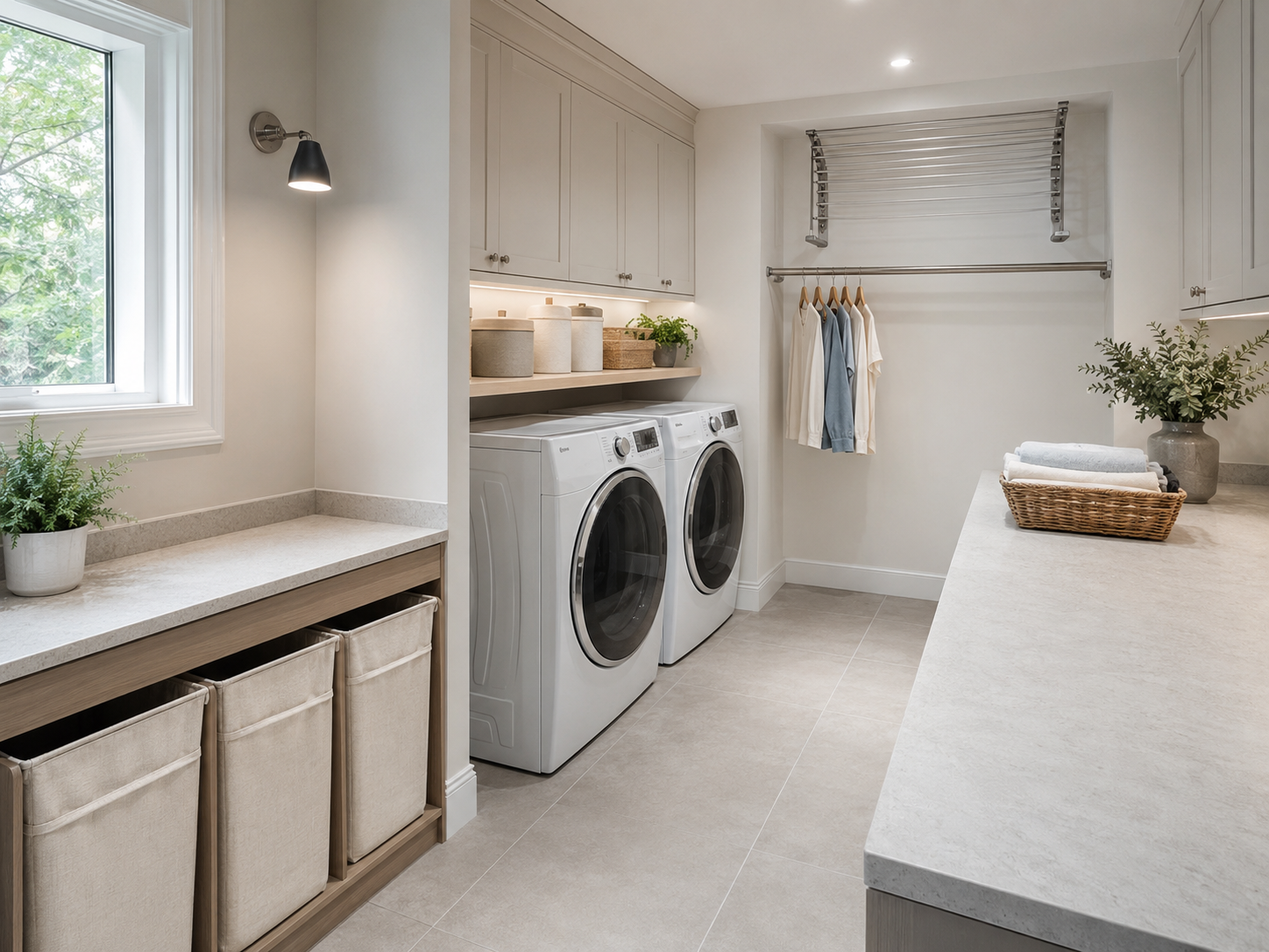 Neutral laundry room accessories with woven storage, folded towels, ceramic containers and greenery