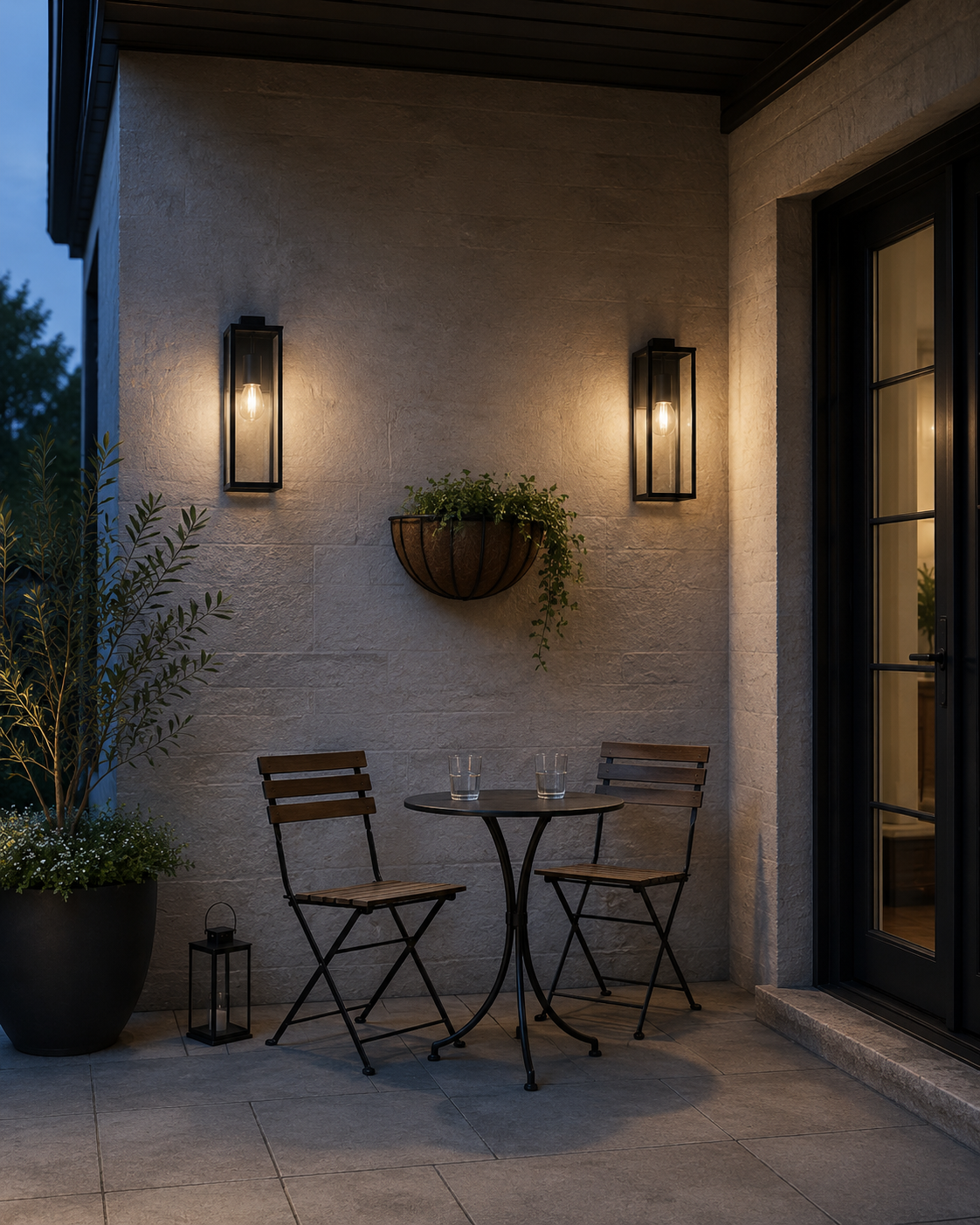 Minimal patio wall featuring compact metal art, a decorative panel, mounted planters, a trellis and modern wall lighting.