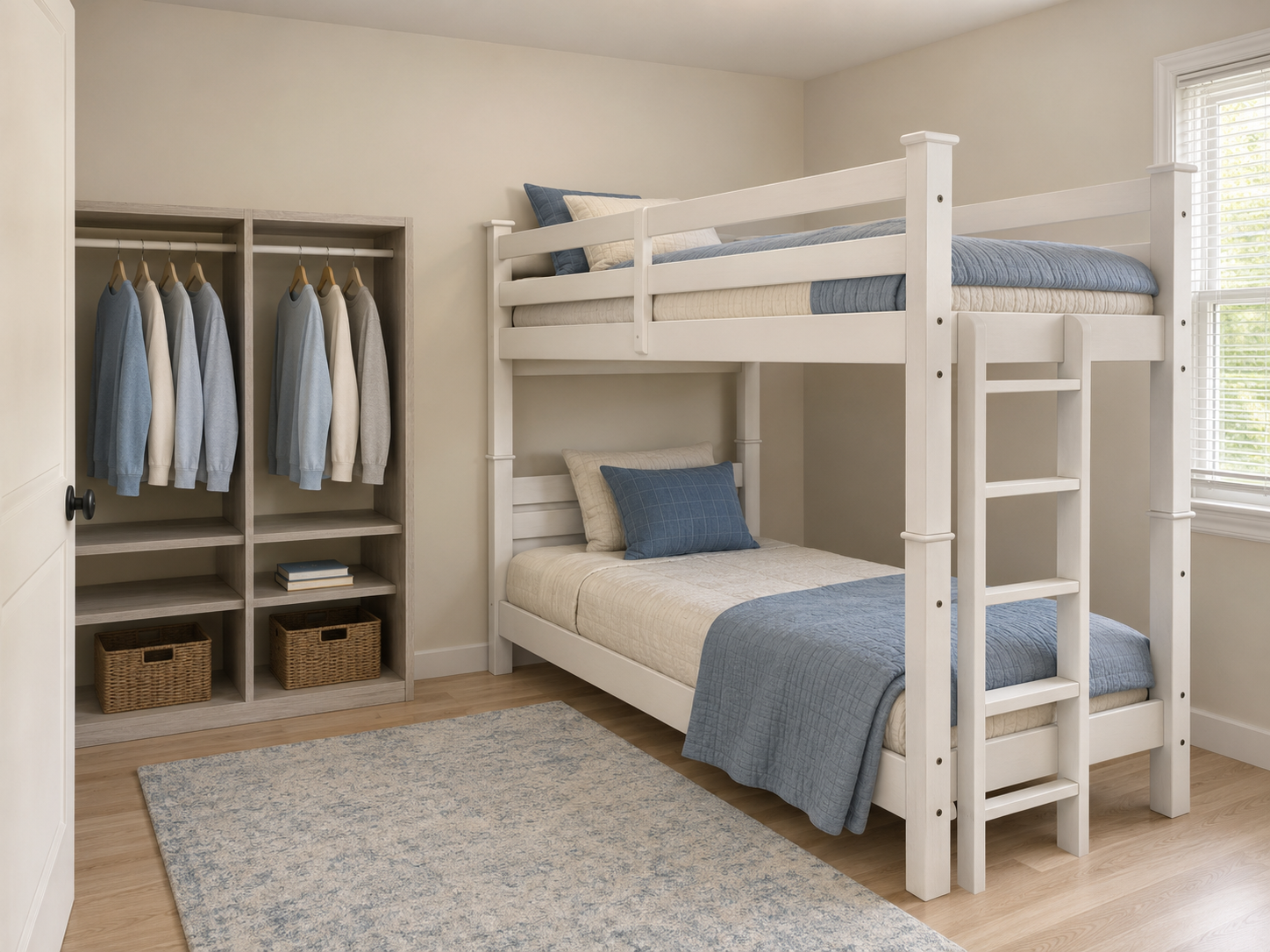 Compact first big-kid room with a gray bed, low bookcase, soft rug and restrained play materials