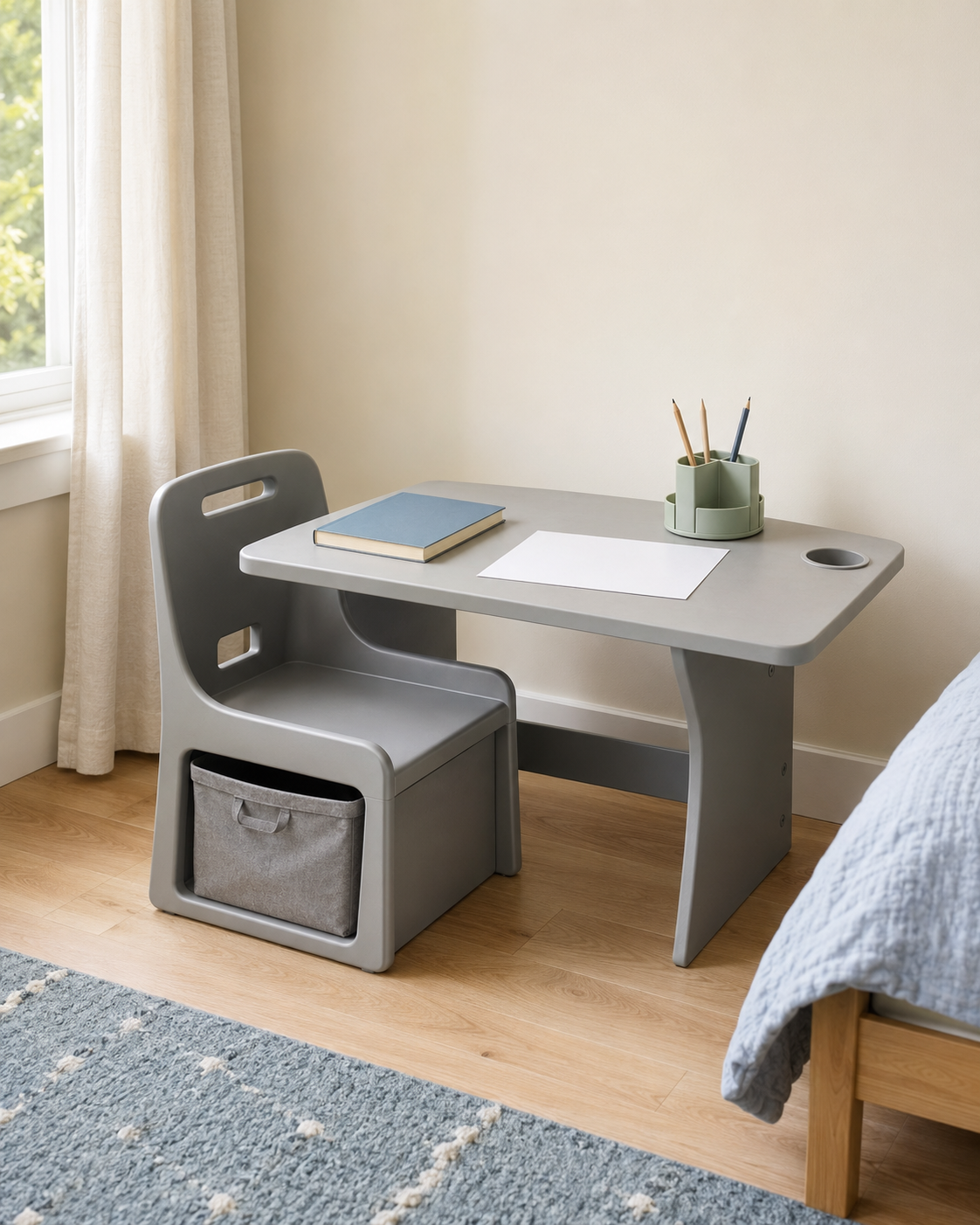 Compact gray chair desk with under-seat storage and a rotating pencil organizer