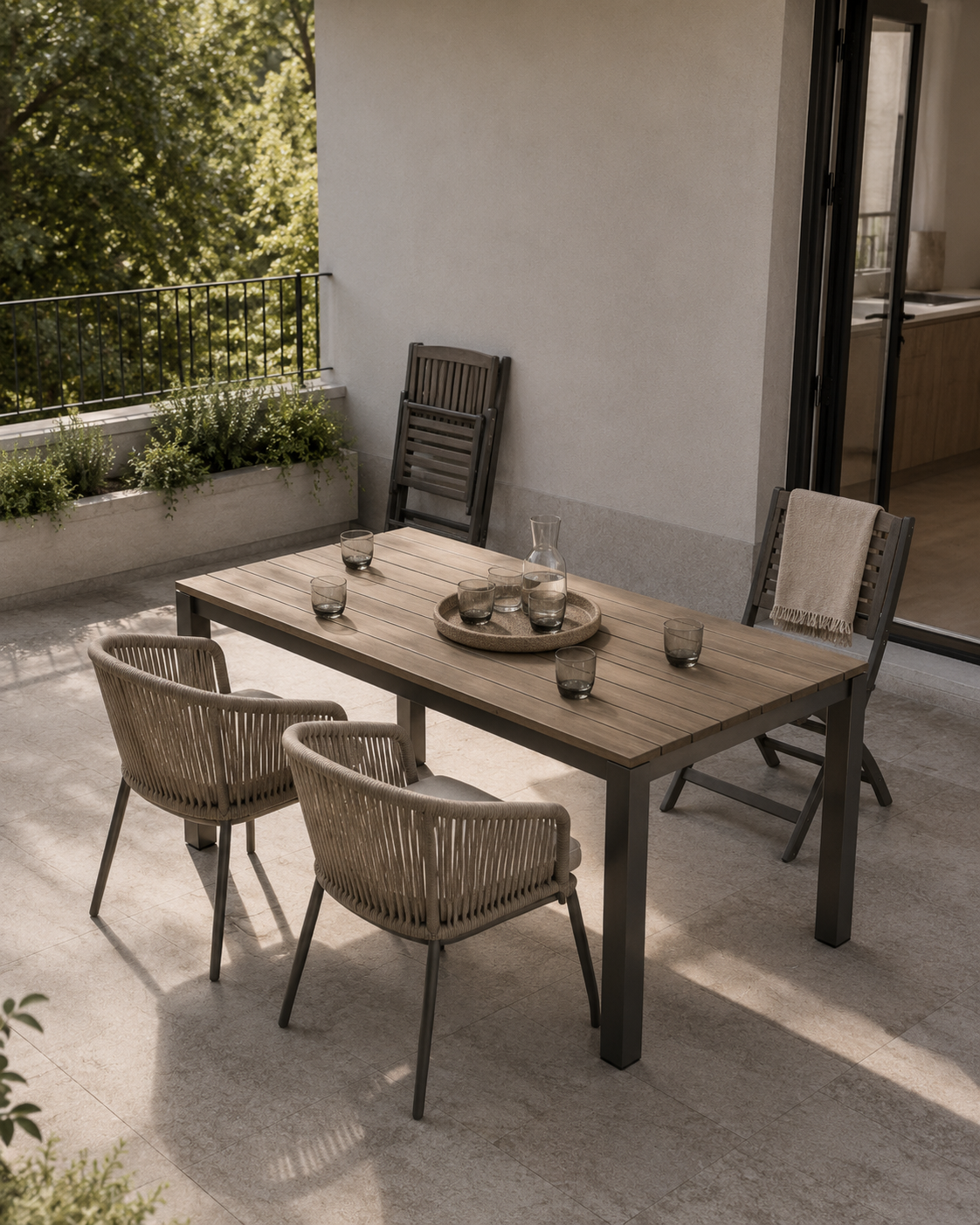 Rectangular outdoor dining table with woven chairs, folding chairs and a clear route beside the patio doorway