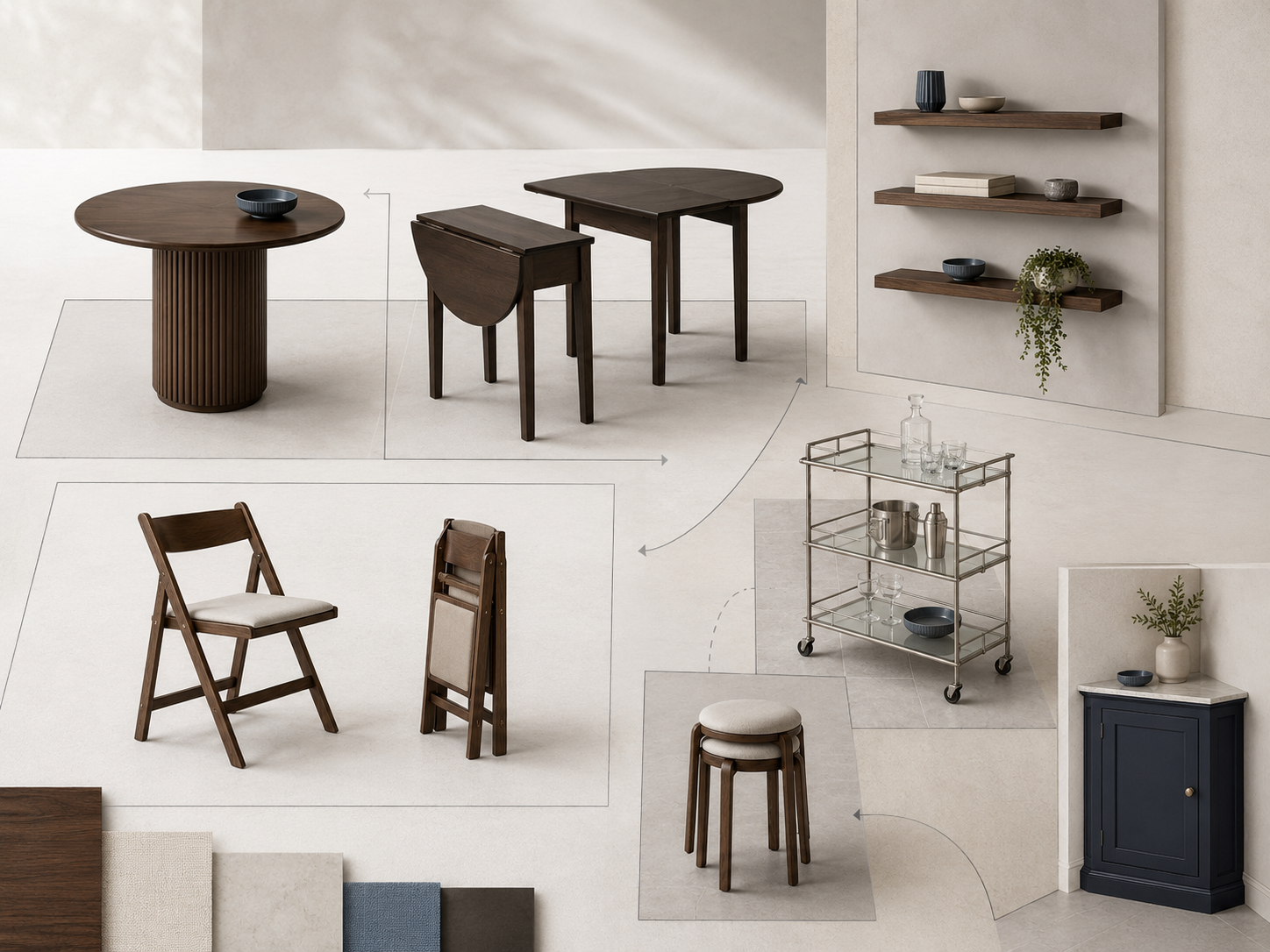 Small dining room furniture moodboard with round and drop-leaf tables, folding chairs, wall shelves, bar cart, stools and corner storage