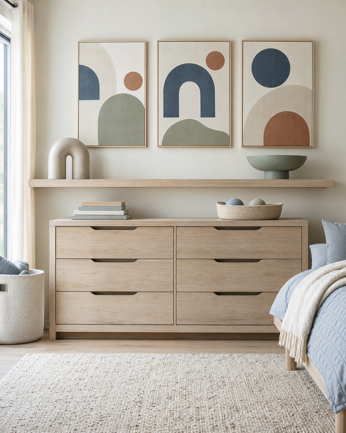 Timeless abstract kids room wall decor displayed above a pale oak dresser beside the bed
