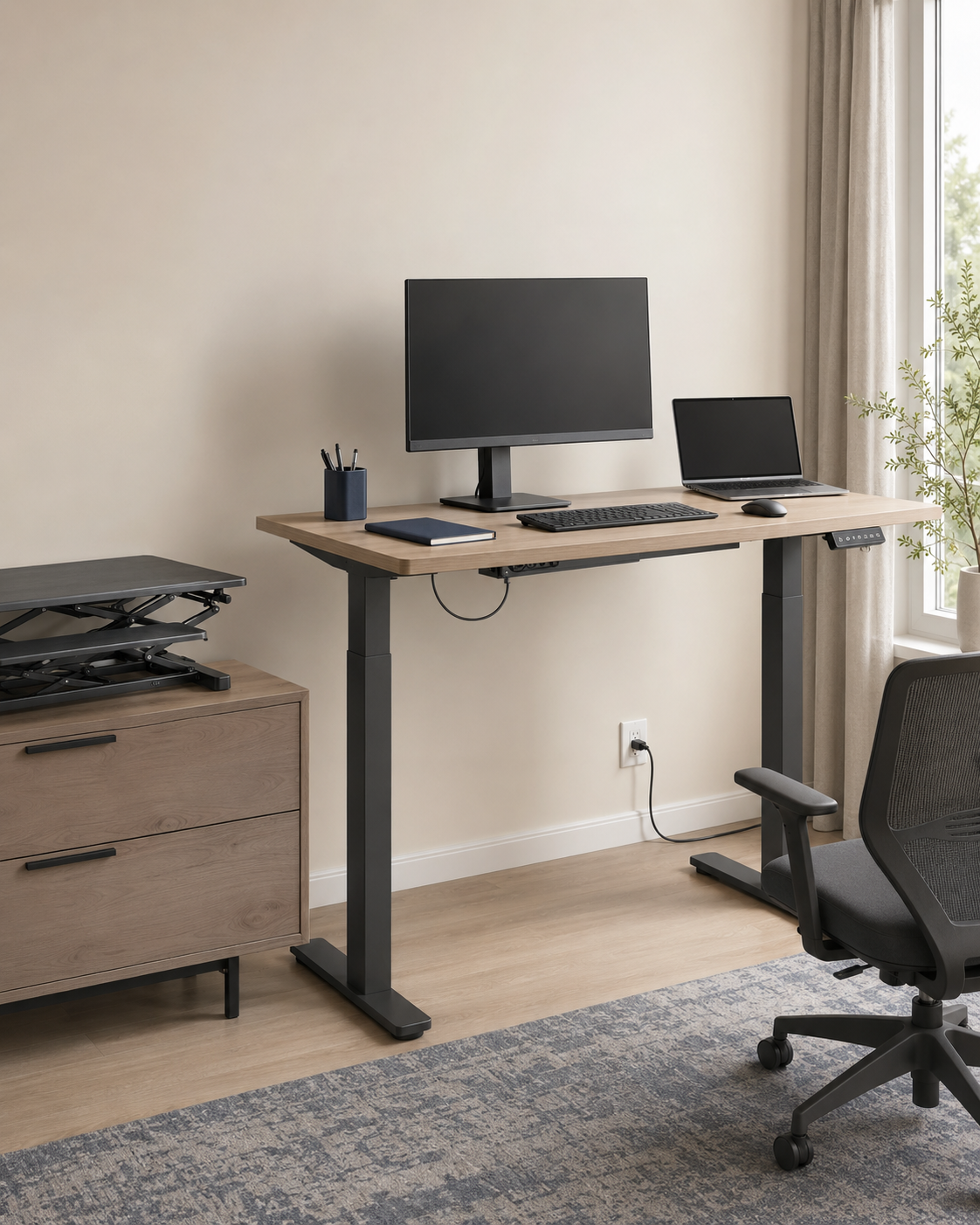 Electric standing desk with a monitor, laptop, controlled cable route and a separate desktop converter on an adjacent cabinet