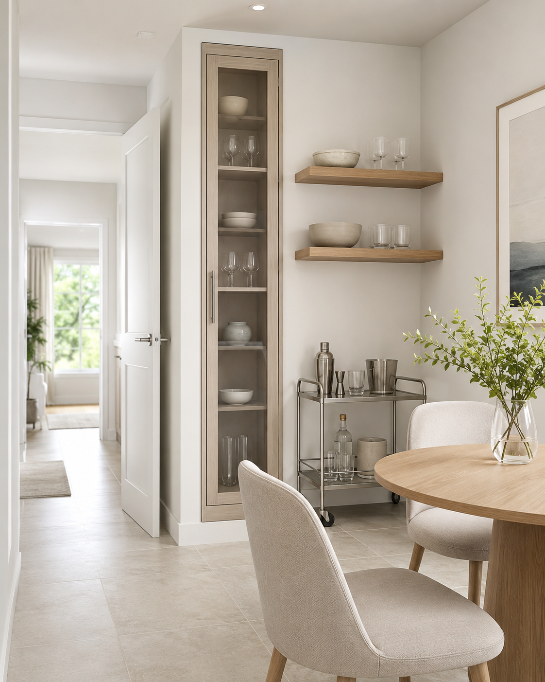 Compact dining room drinks station with a slim cabinet, floating shelves and rolling bar cart