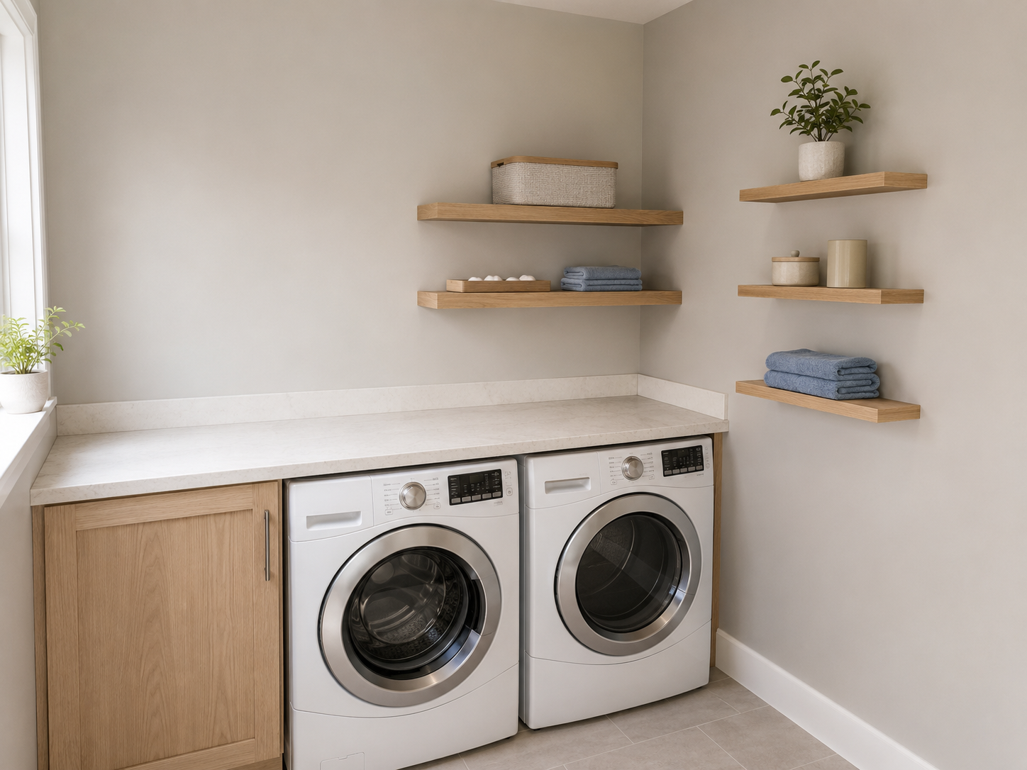 Floating laundry shelves above a clear folding counter with folded towels, a closed basket, containers and a small plant.
