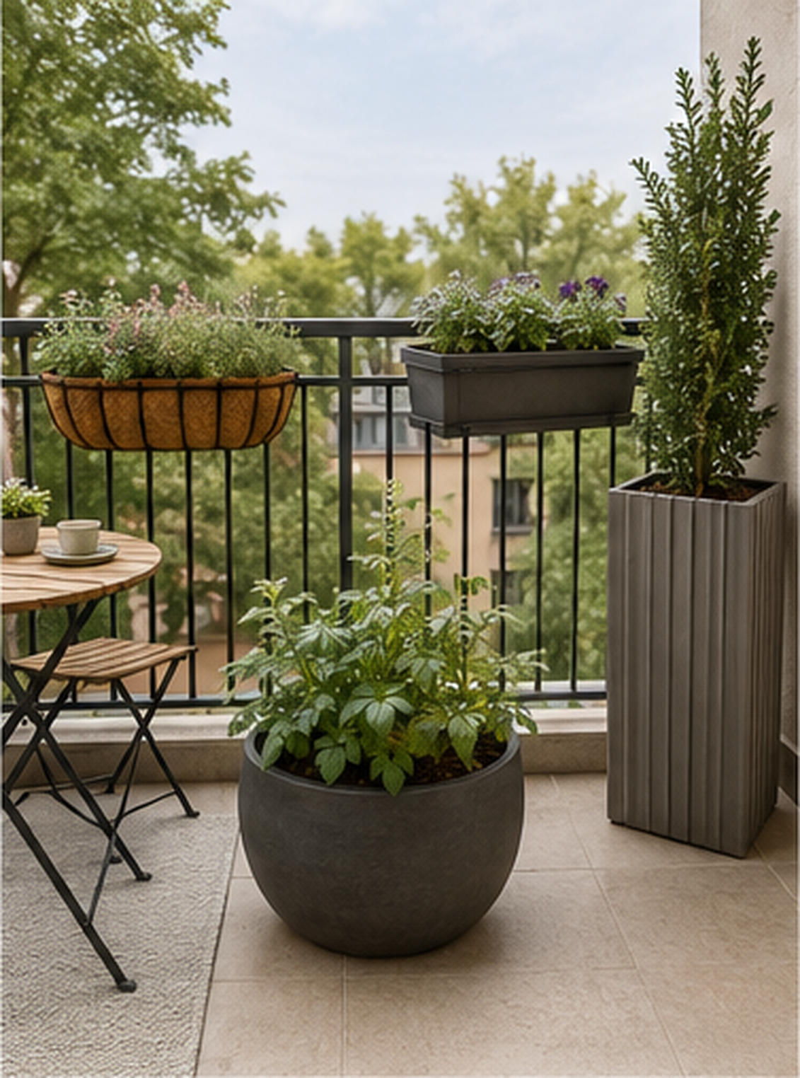 Outdoor planters arranged along a balcony railing and floor with clear space for seating and movement