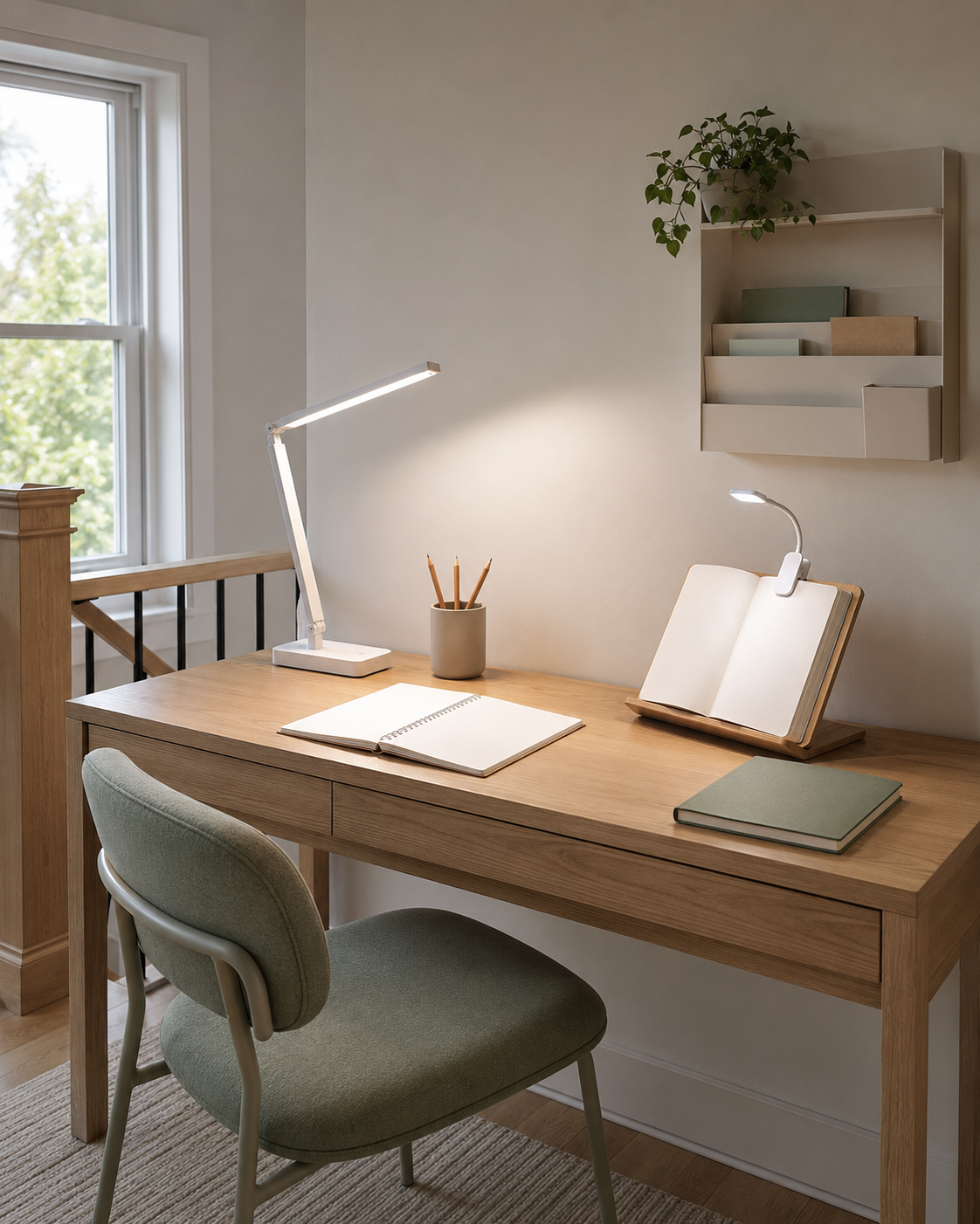 Kids homework corner with an adjustable desk lamp and clip-on book light.