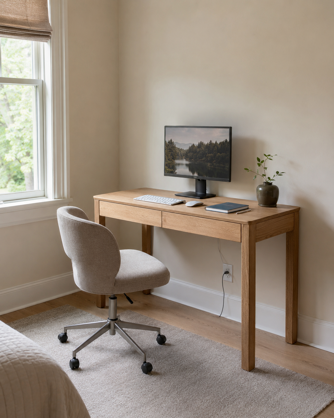 Natural oak writing desk beside a window with a monitor, clear writing area and mushroom upholstered office chair