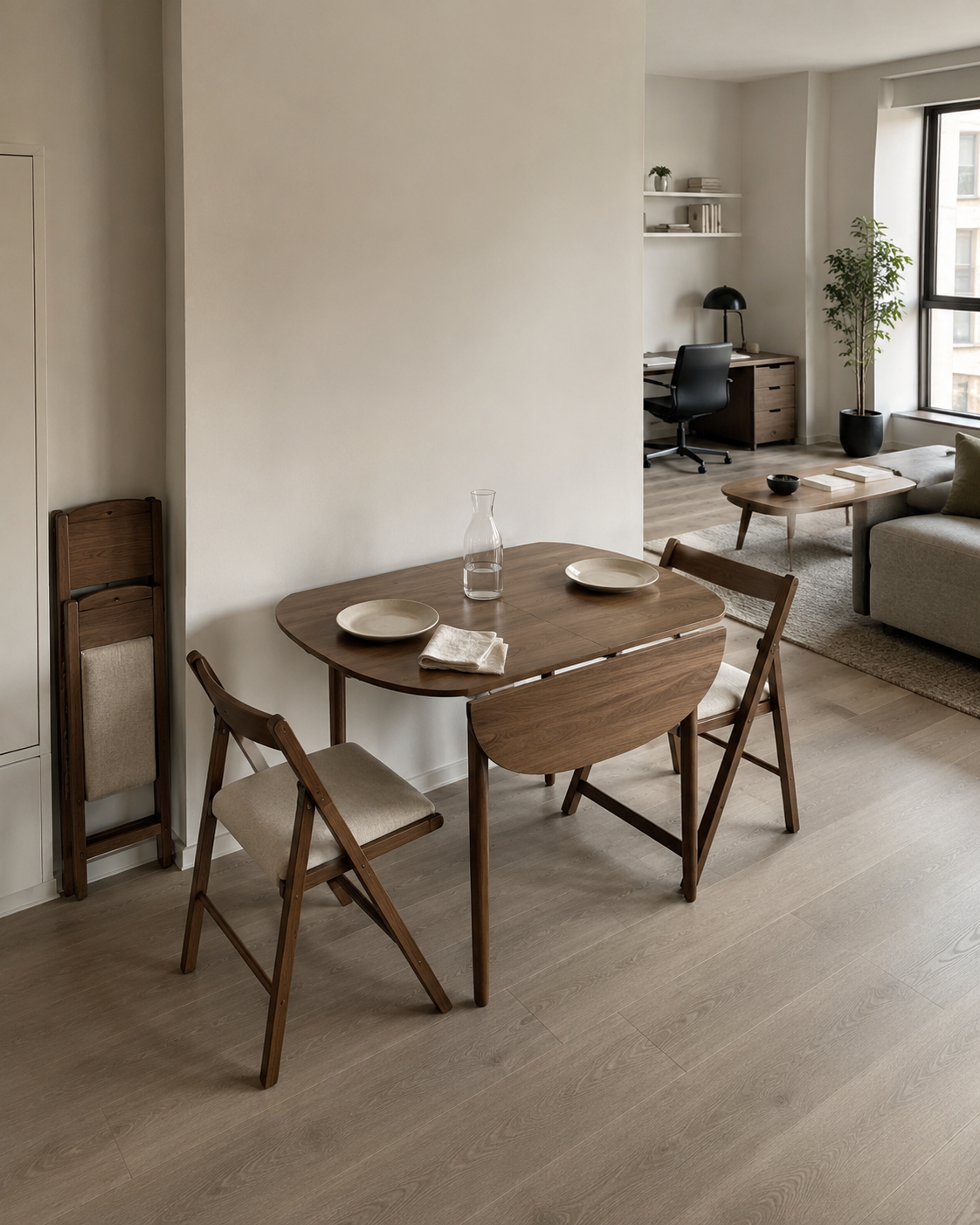 Compact open-plan dining area with a drop-leaf table, folding chairs and one chair stored against the wall