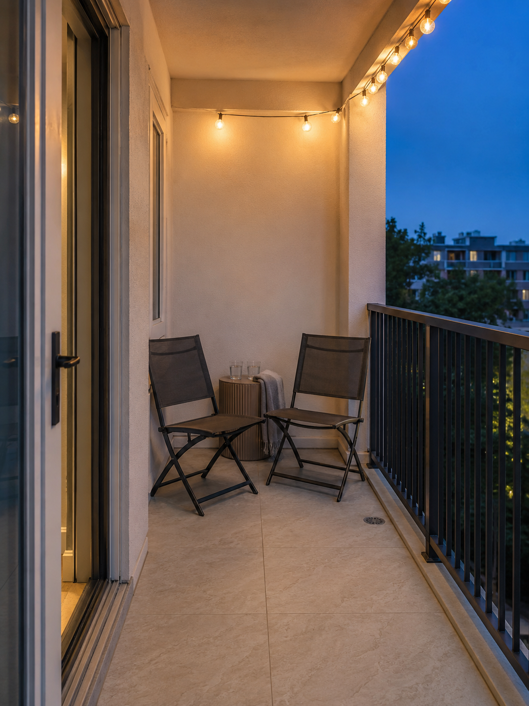 Two folding balcony chairs beneath warm string lights with a small side table during blue hour.