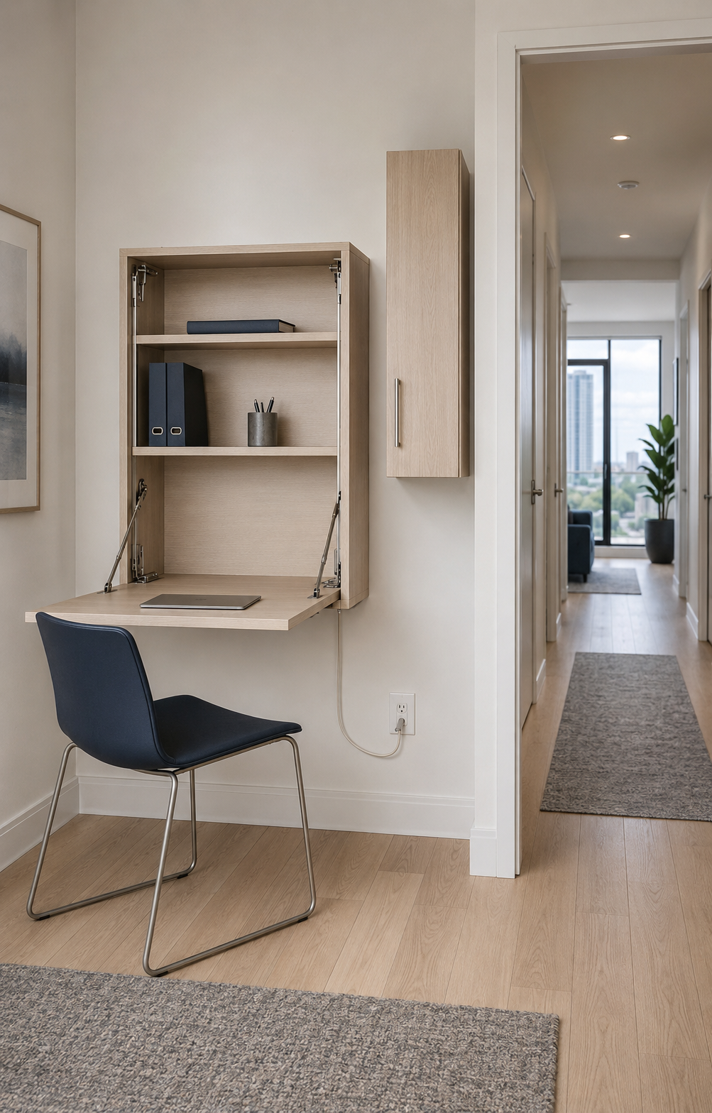 Room 7.8: Small Home Office Solutions - Ravnora Decor Open wall-mounted desk with interior shelves, slim chair and floating cabinet beside an unobstructed apartment hallway.