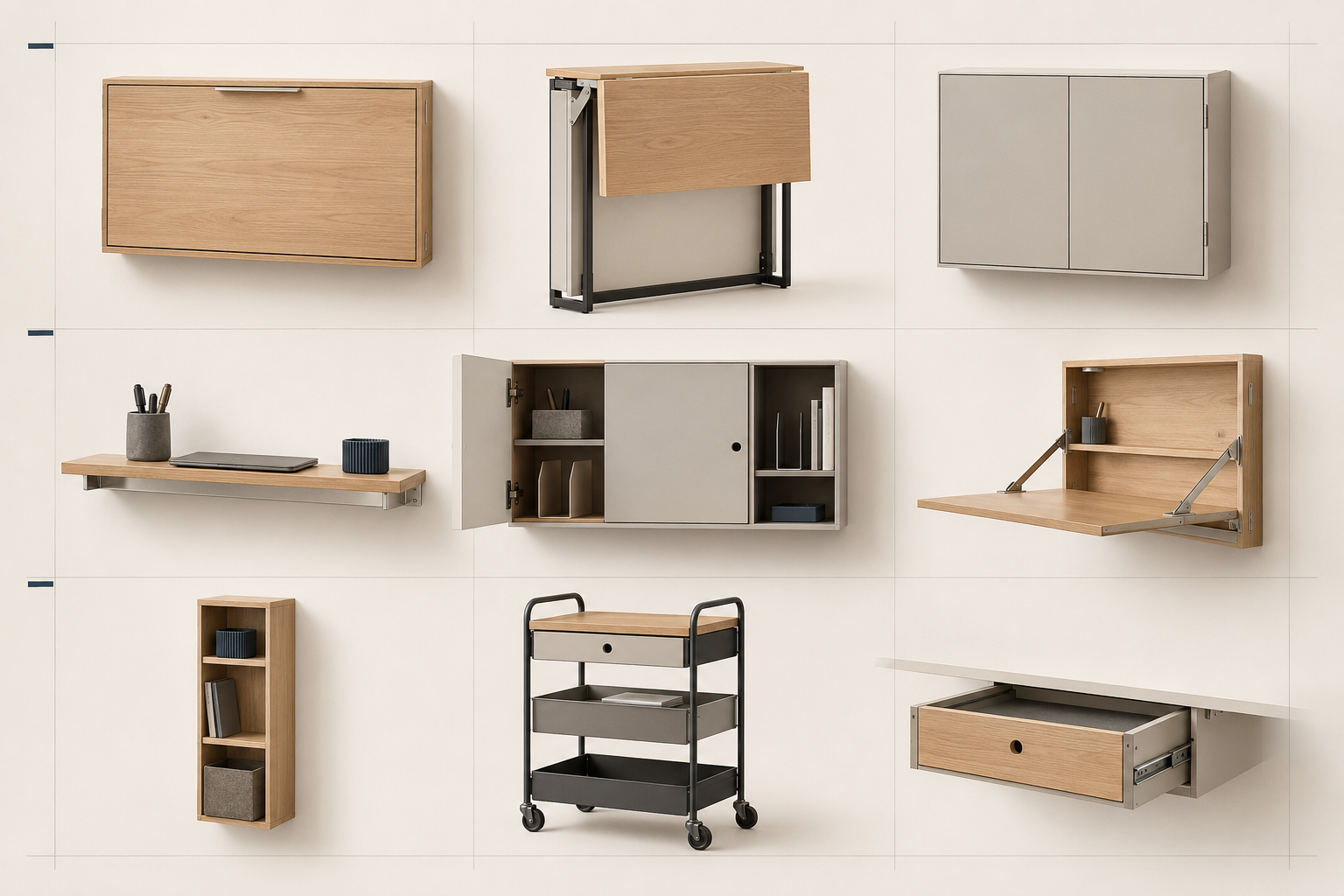 Room 7.8: Small Home Office Solutions - Ravnora Decor Architectural moodboard of folding desks, floating office storage, a narrow bookshelf, rolling cart and under-desk drawer.
