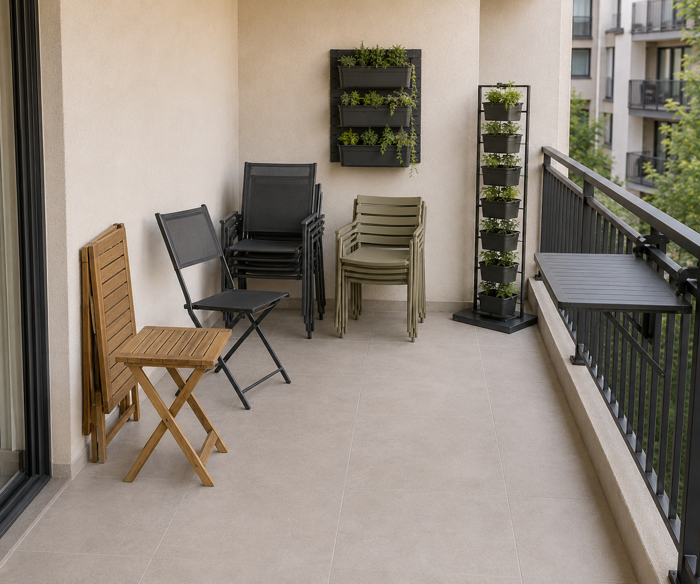 Balcony product moodboard with folding furniture, two chair stacks, a railing table and vertical planter systems.