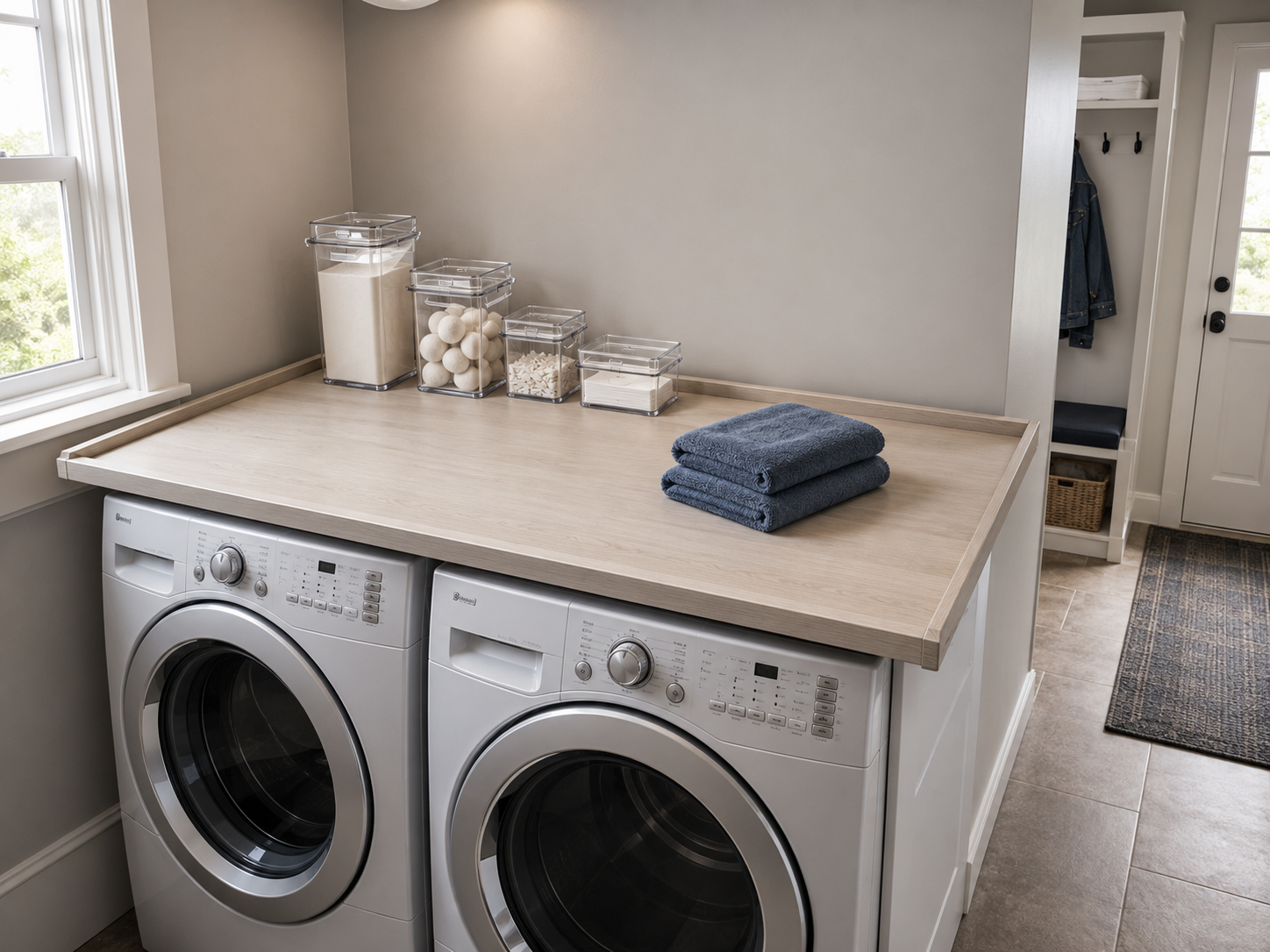 Removable folding counter above two front-loading appliances with four clear laundry containers and folded blue towels.