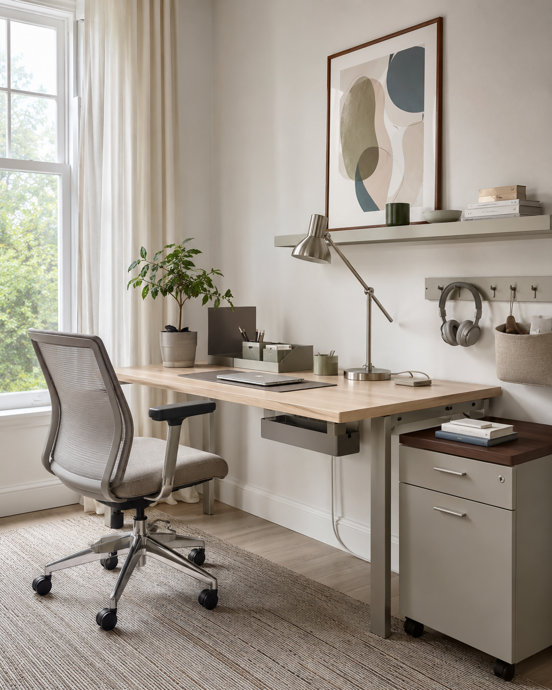 Four-zone home office plan with a focus core, reach ring, vertical library and hidden storage