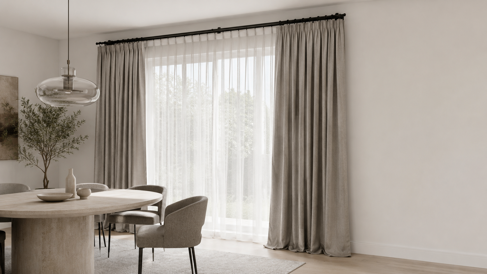 Modern dining room curtains with layered sheer panels, taupe drapes and a black curtain rod