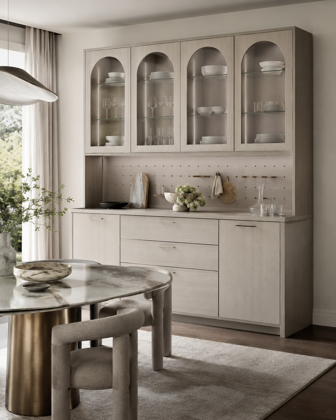 Display-and-conceal dining room cabinet wall with glass doors, drawers and lower storage