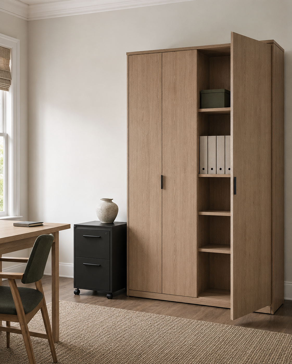 Tall oak storage cabinet with adjustable shelves beside a black two-drawer mobile cabinet in a calm home study.