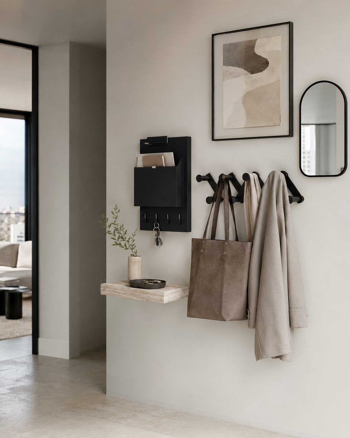Functional modern entryway wall with organizer, hooks, framed art, small shelf and arched mirror.