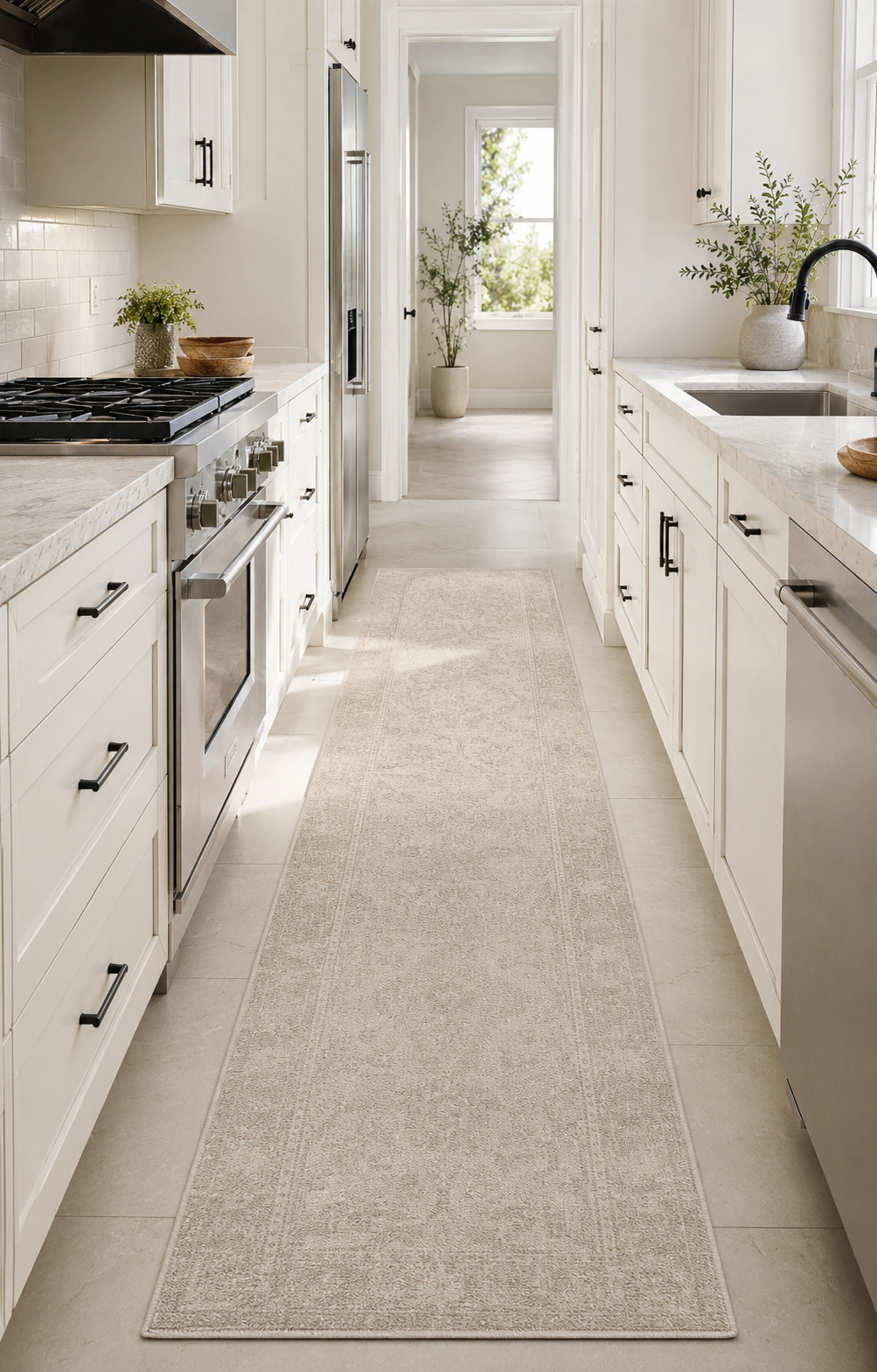 Long neutral washable runner in a narrow galley kitchen walkway