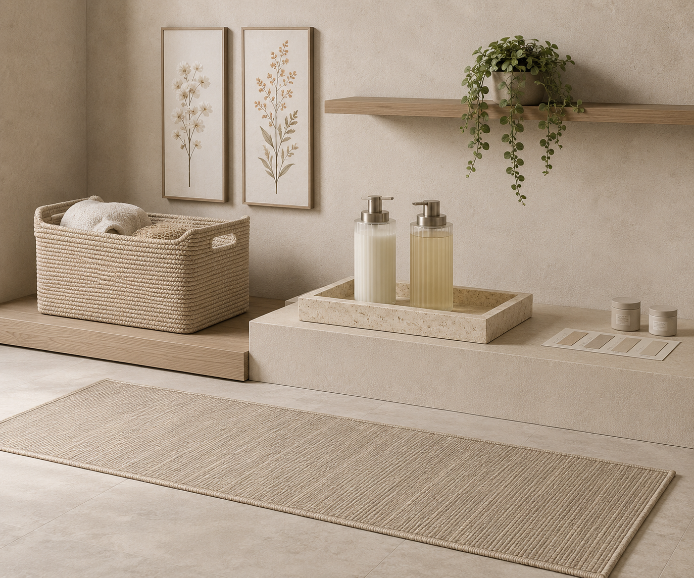 Editorial laundry decor moodboard with woven basket, travertine tray, dispensers, runner, floral art and trailing plant