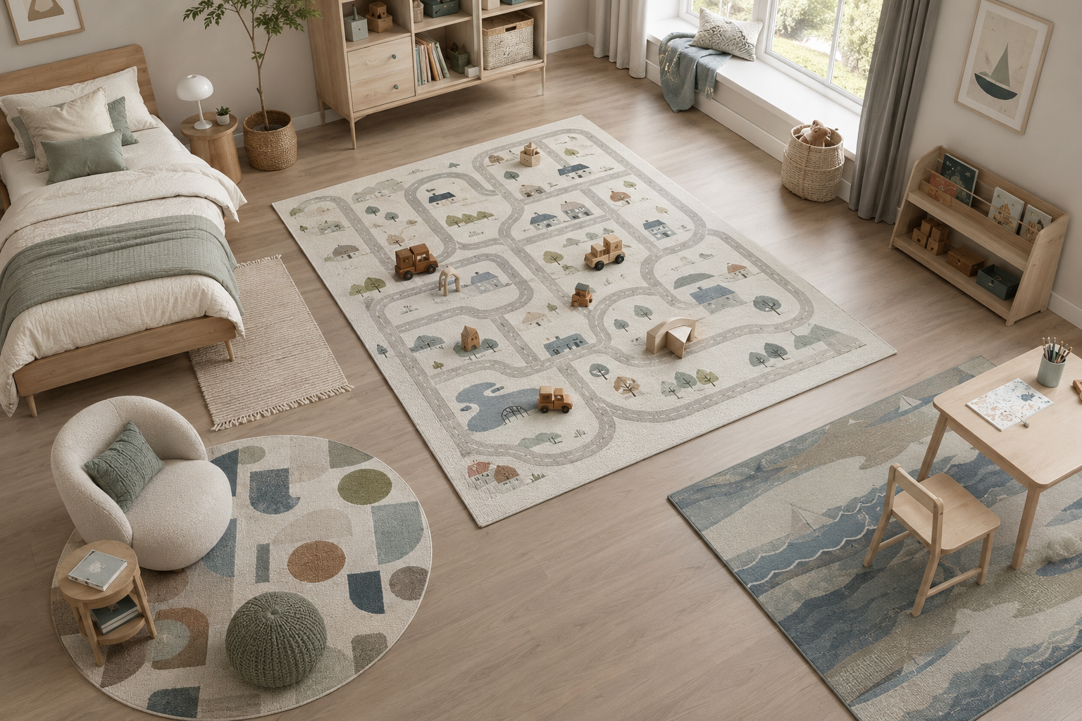 Kids room with road-map, round, bedside and creative-zone rugs defining separate play and rest areas.