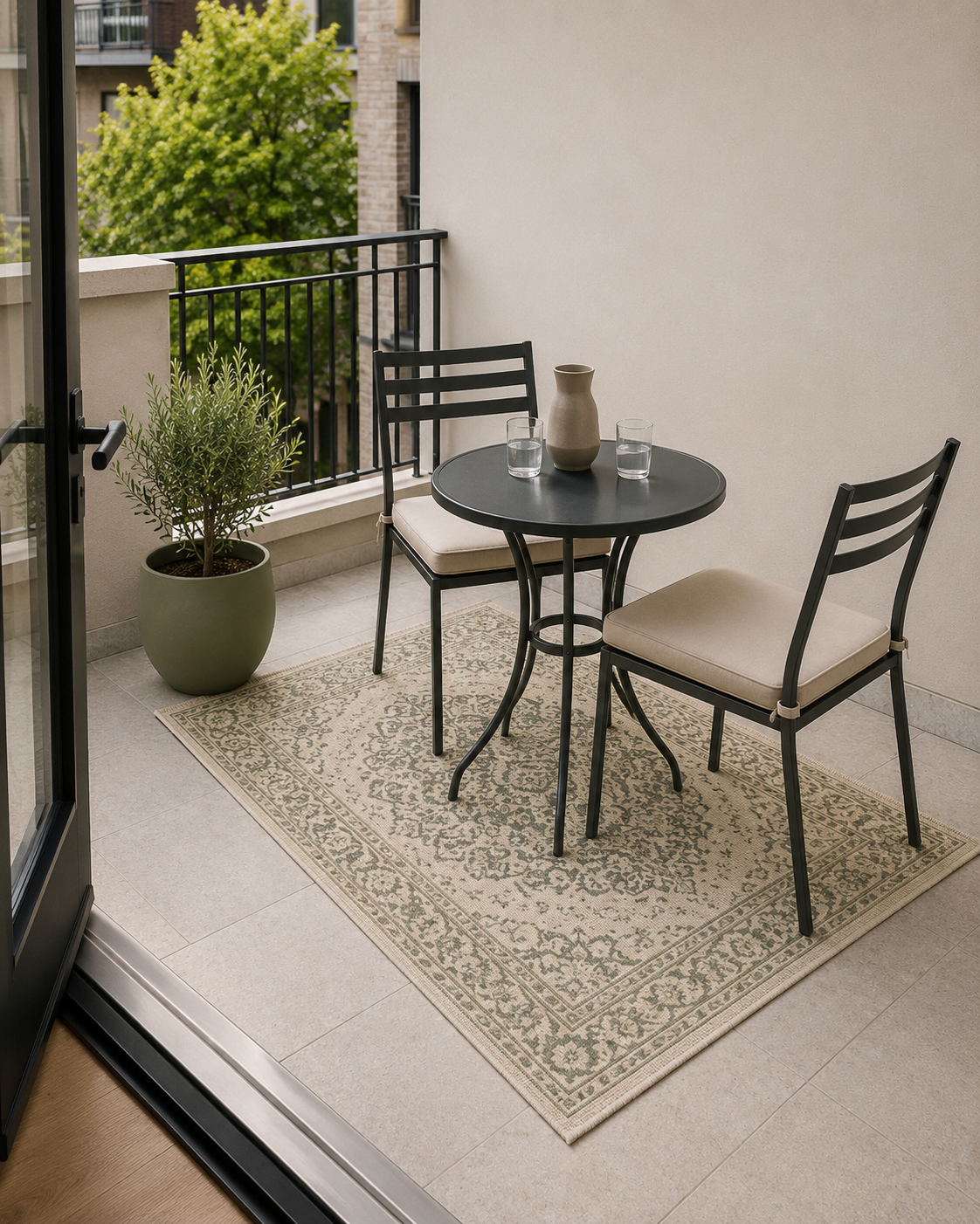 Cream and muted-green outdoor rug beneath a compact black bistro table and two balcony chairs.