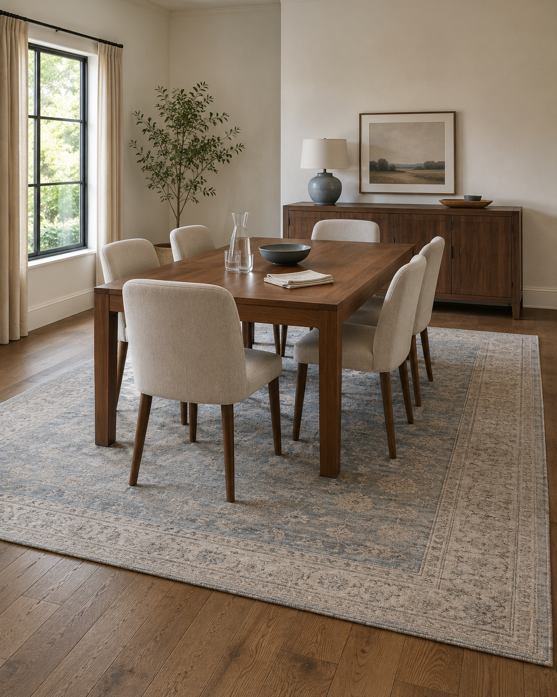 Six-seat rectangular dining table positioned on a large blue and neutral low-pile rug
