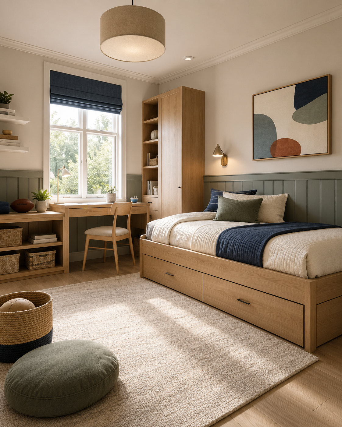 Growth-ready kids room with under-bed drawers, vertical storage, a study desk and open floor space