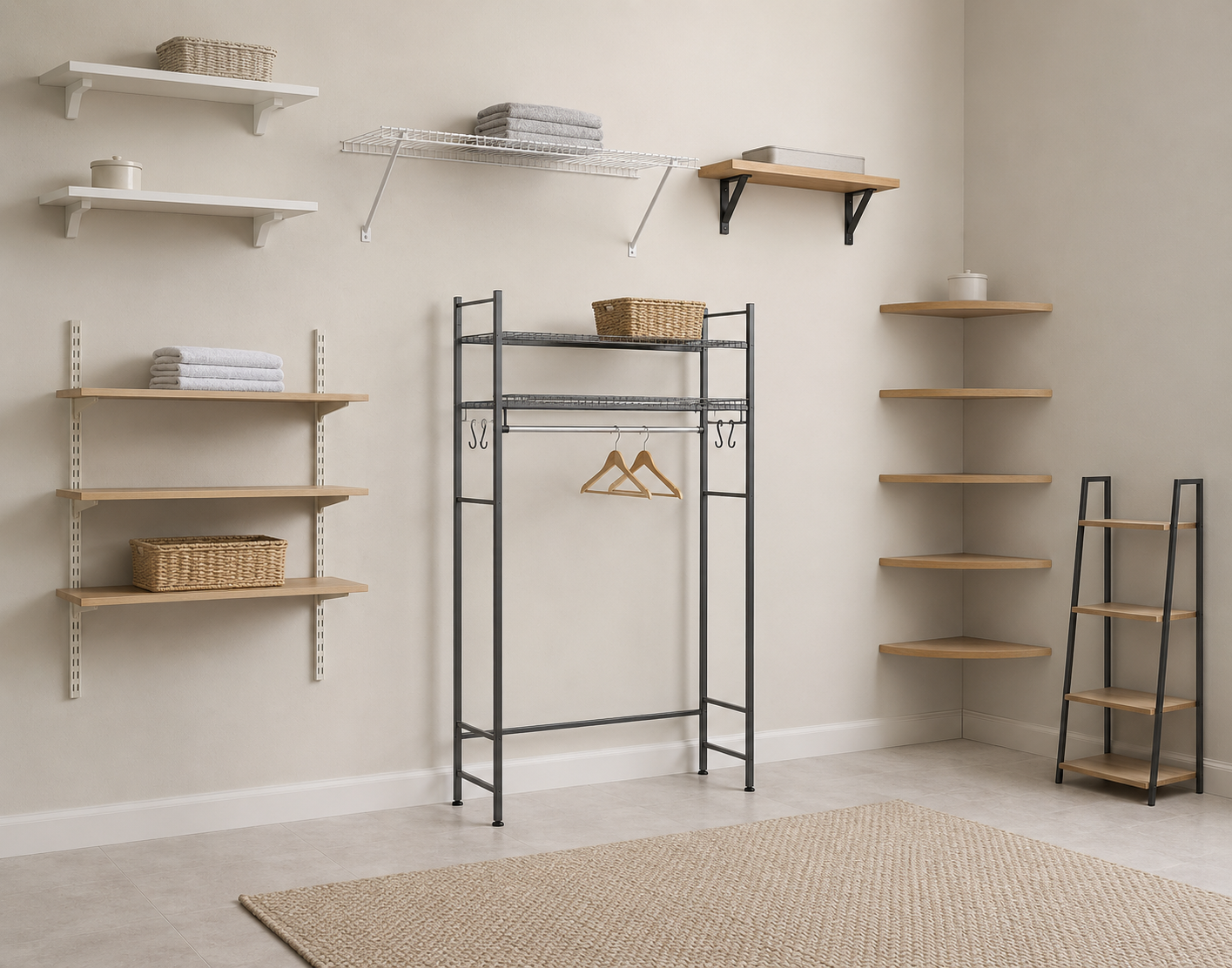 Laundry shelving moodboard comparing wall shelves, wire shelving, adjustable rails, corner shelves, brackets, an over-machine rack and a ladder shelf.