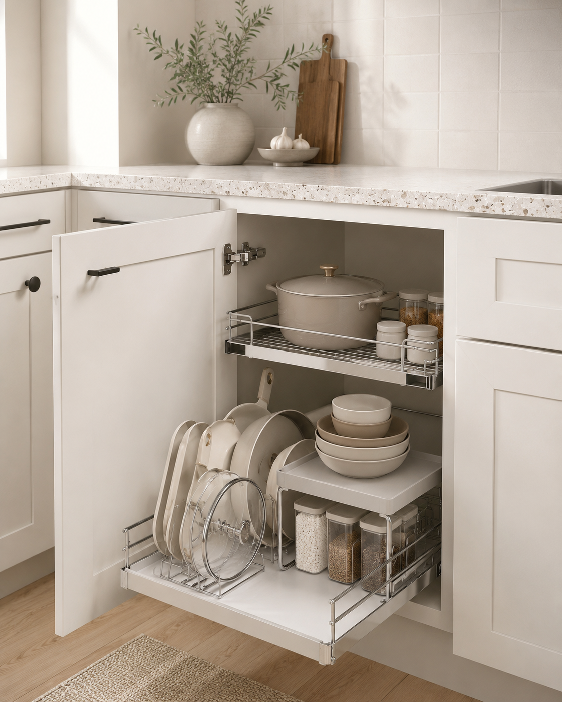 Hidden cabinet small kitchen storage with pull out cabinet organizer, shelf riser, and pan lid organizer