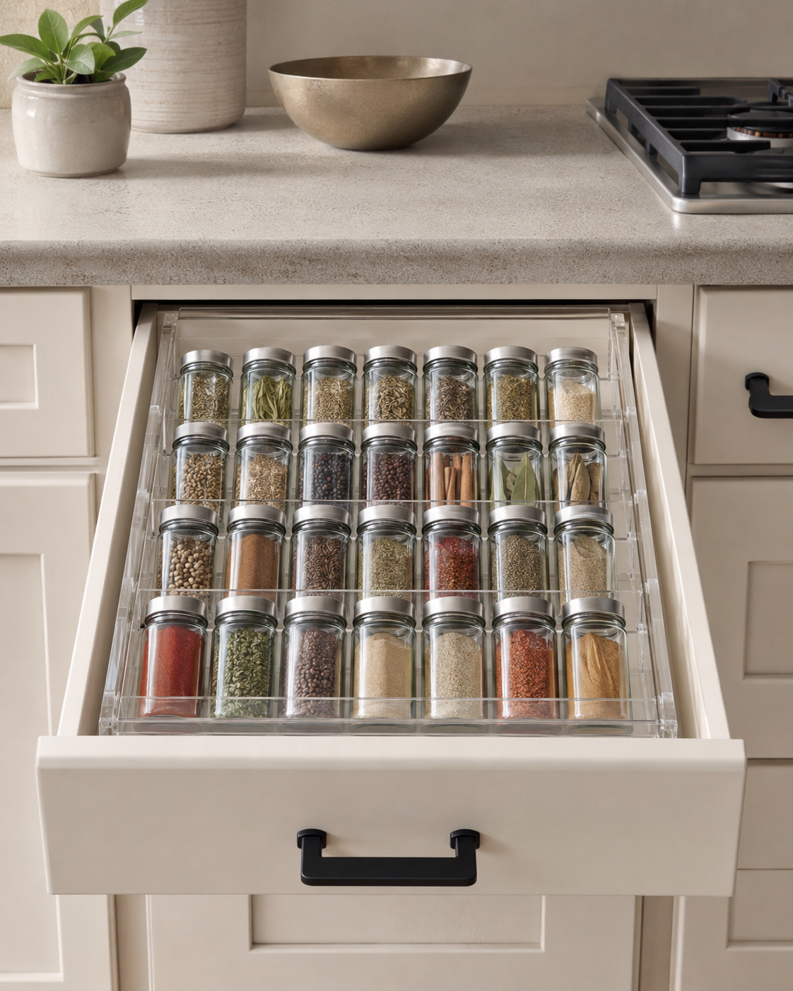 Hidden spice drawer organization with angled spice drawer insert and neatly arranged glass spice jars