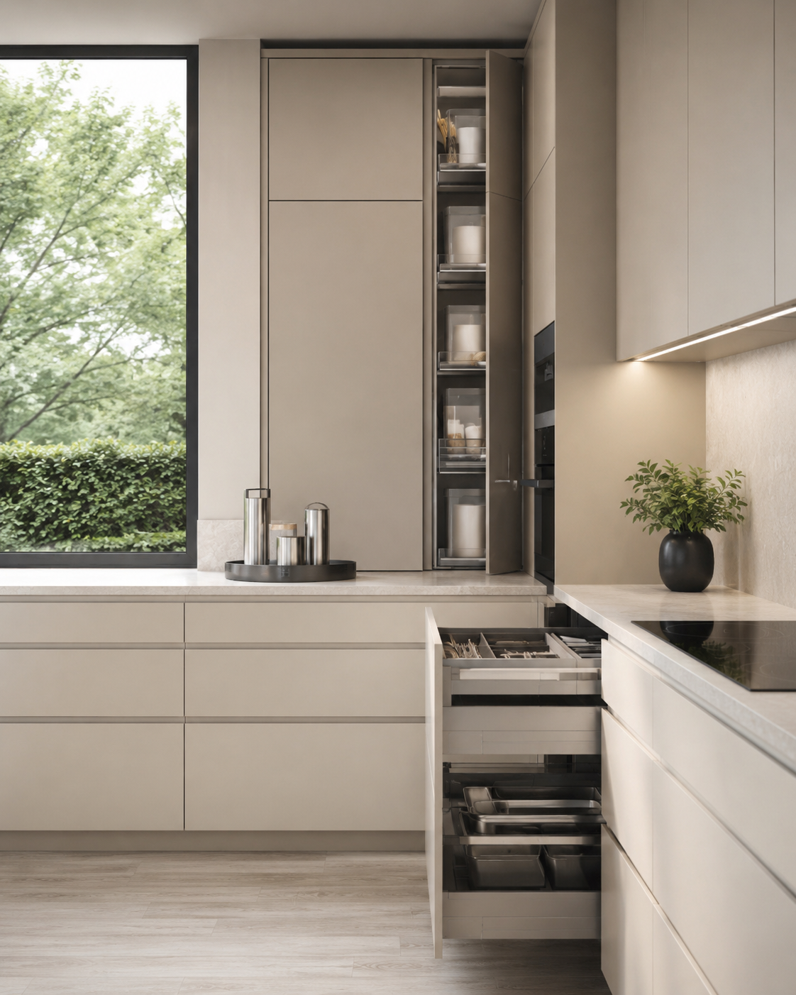 Minimal kitchen with clear countertops, hidden cabinet storage, drawer organization, pantry bins, and simple neutral cabinetry