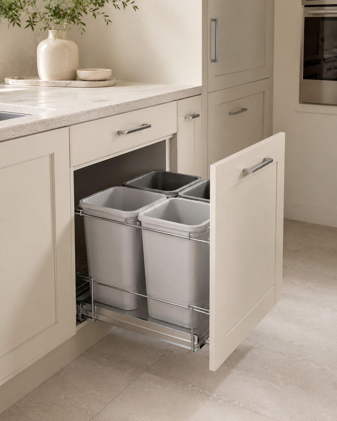 Open kitchen cabinet with pull-out trash and recycling bins for hidden waste organization