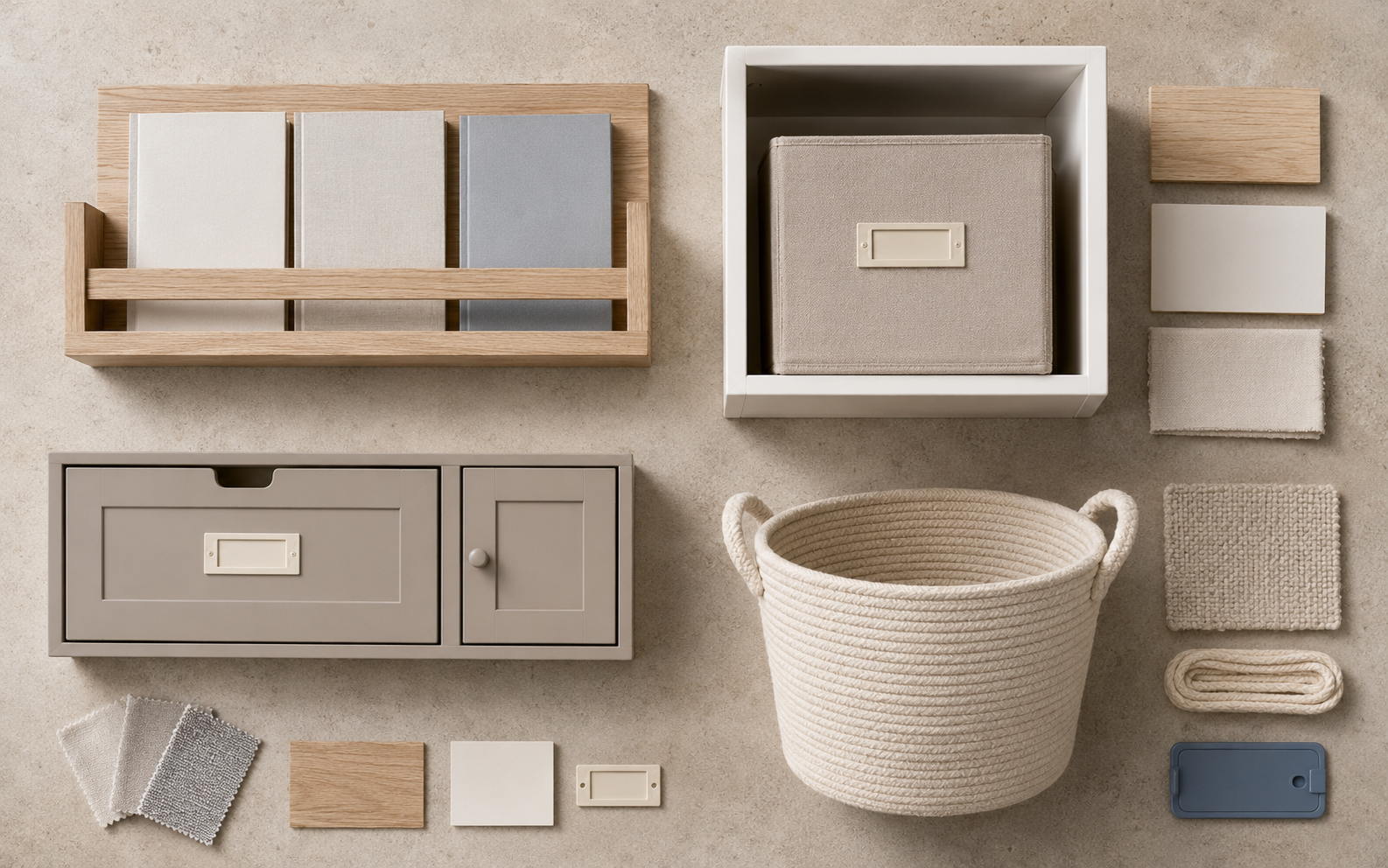 Neutral storage moodboard with a wooden book ledge, fabric cube bin, drawer front, cabinet door, rope basket and material samples.