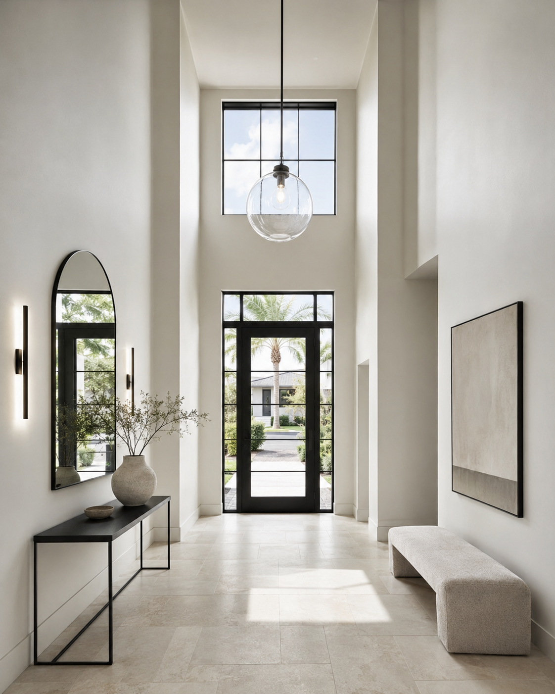 Tall modern foyer with glass globe pendant, black wall sconces, slim console, and arched mirror