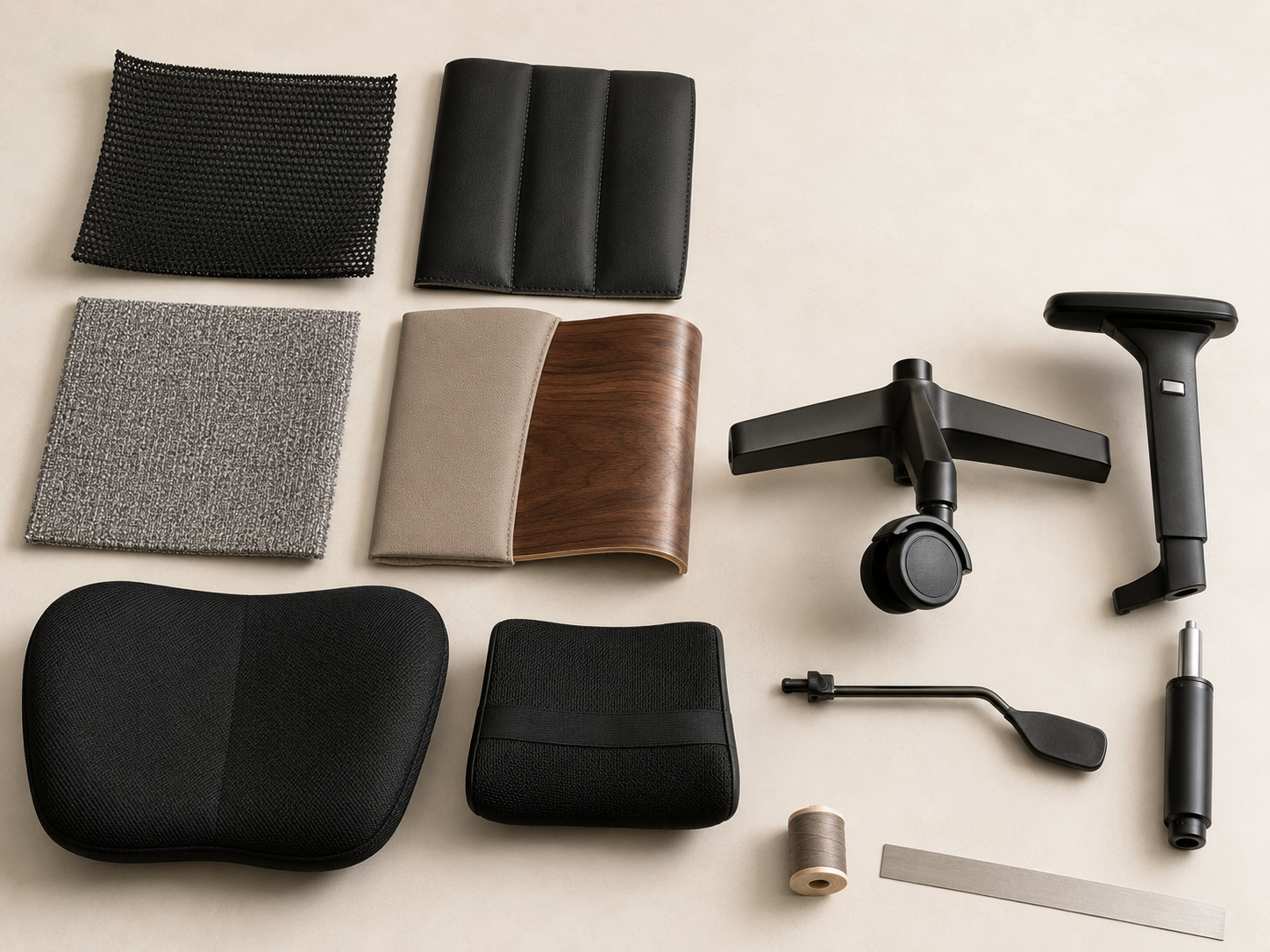 Office chair material moodboard with mesh, faux leather, woven fabric, walnut, cushions, caster and adjustment components.