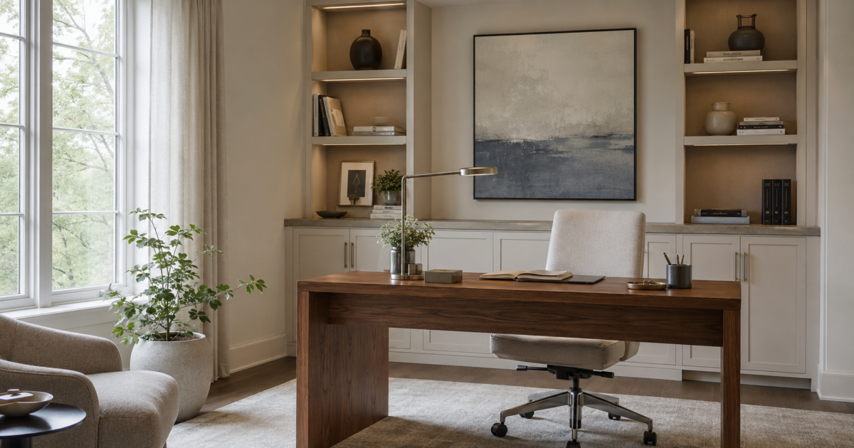 Focus-friendly home office with desk, chair, task lighting, shelving and storage