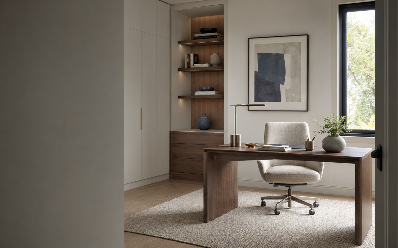Home office decor ideas with a walnut desk, supportive chair, layered lighting and organized storage