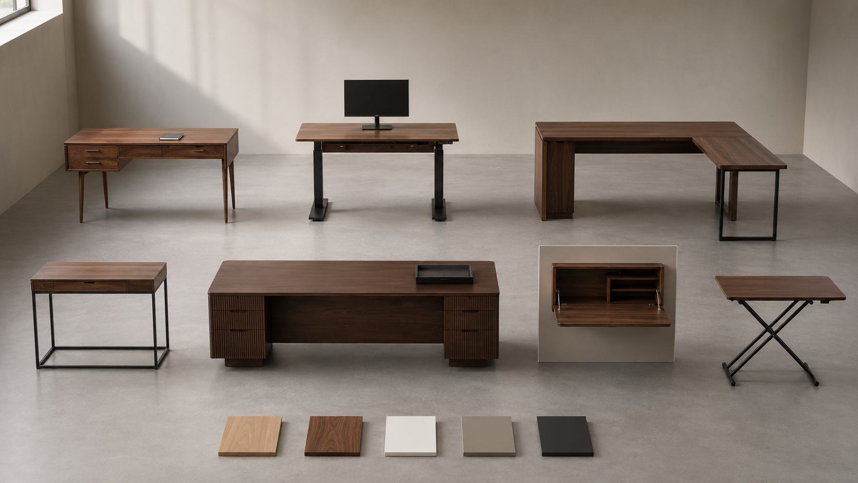 Editorial display of writing, standing, L-shaped, executive, wall-mounted and folding desk styles with neutral finish samples