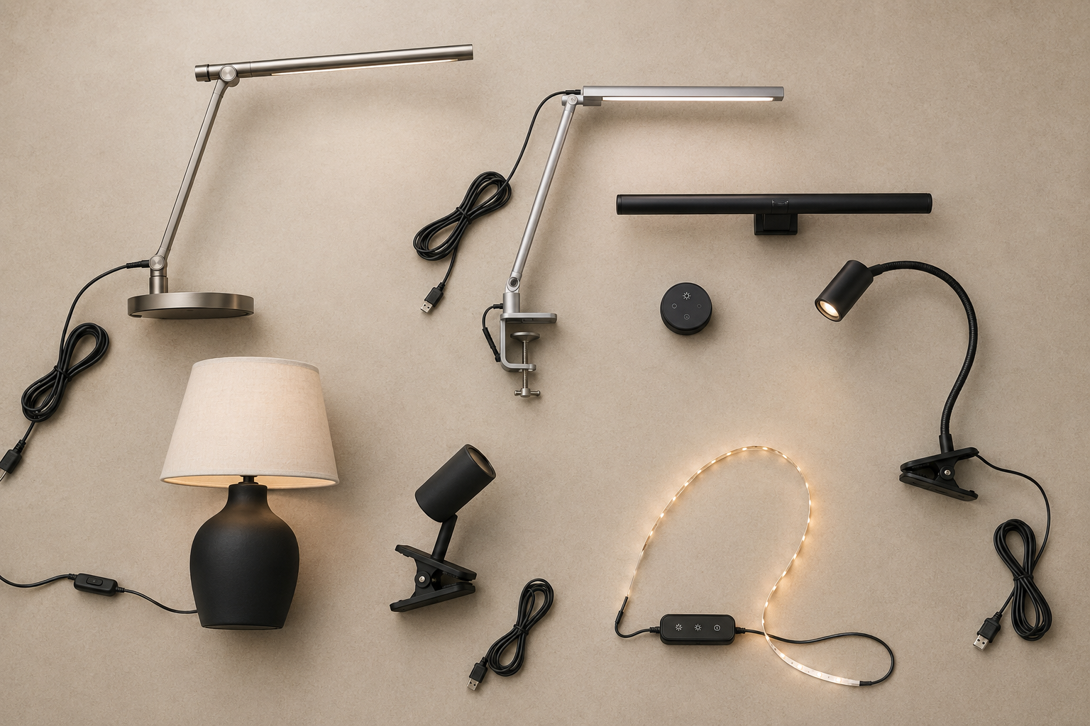 Home office lighting moodboard with desk, clamp, monitor, clip and table lamps plus a warm-white LED strip.
