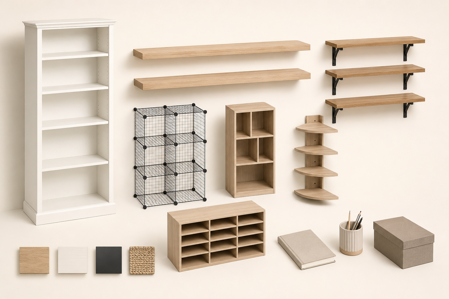 Editorial moodboard comparing bookcases, floating shelves, wall shelves, cube storage, corner shelving and a file organizer
