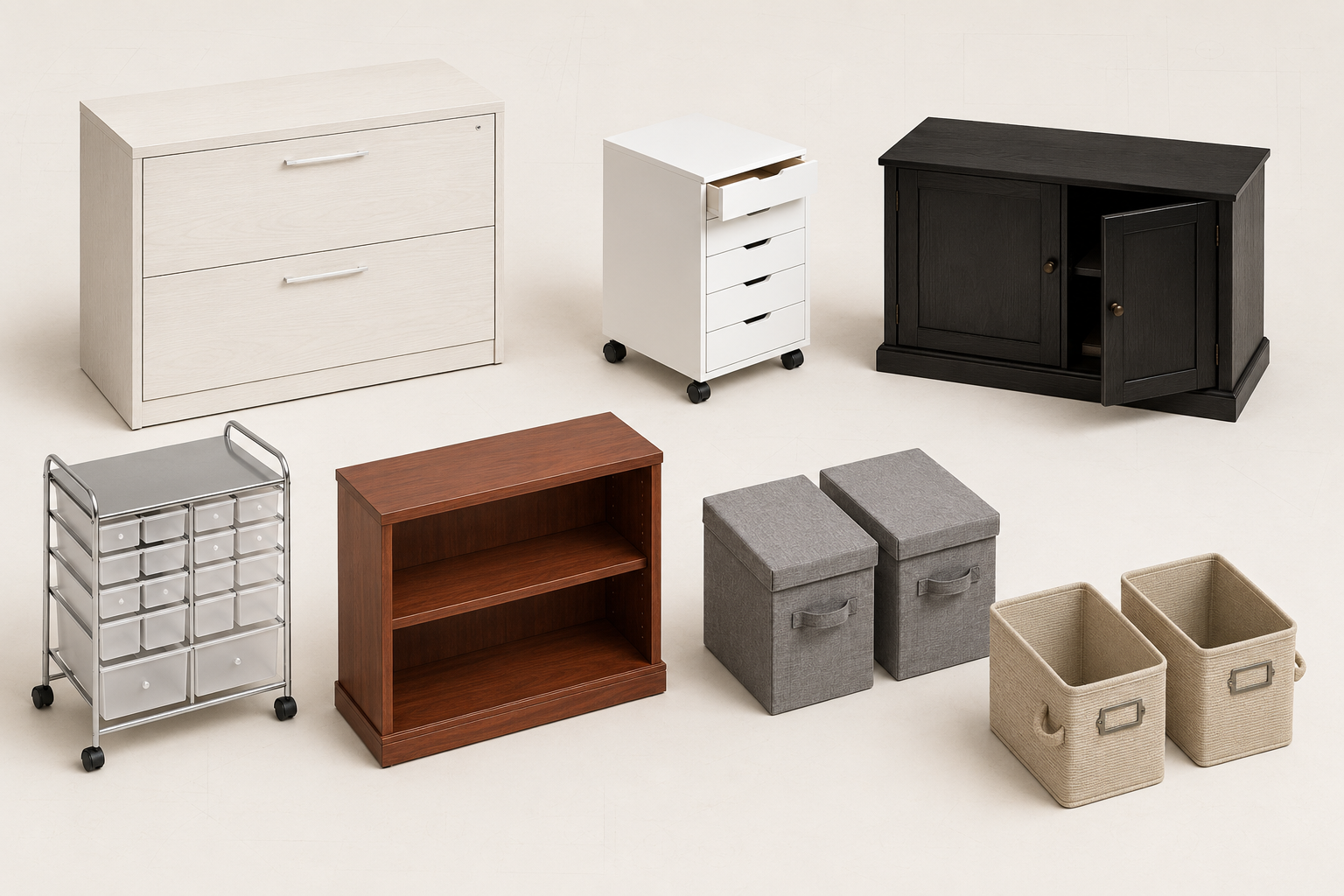 Home office storage moodboard with file cabinets, drawer storage, a rolling cart, bookcase, fabric bins and open baskets.